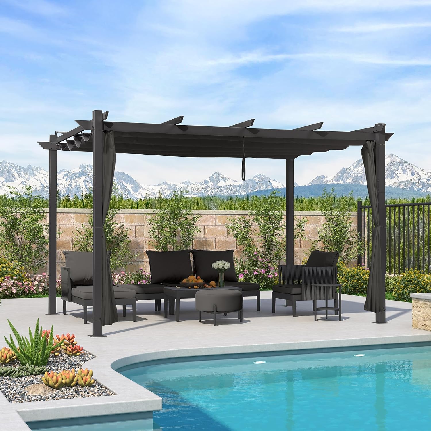 etezen - Pergola Aluminium - 4x3m - Rideau, toit rétractable, imperméable