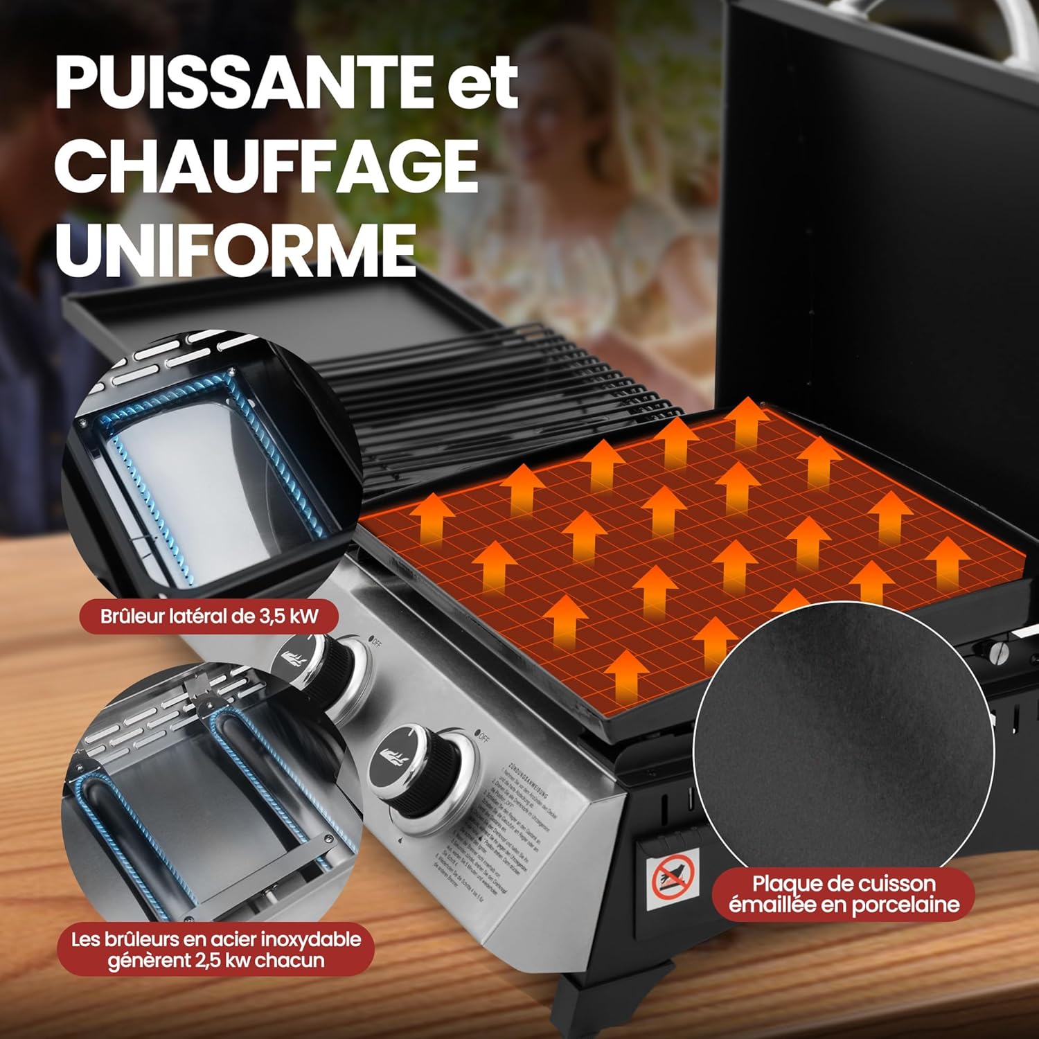 etezen - barbecue gaz 3 brûleurs - 8,5kW - plancha, grille, couvercle multifonction