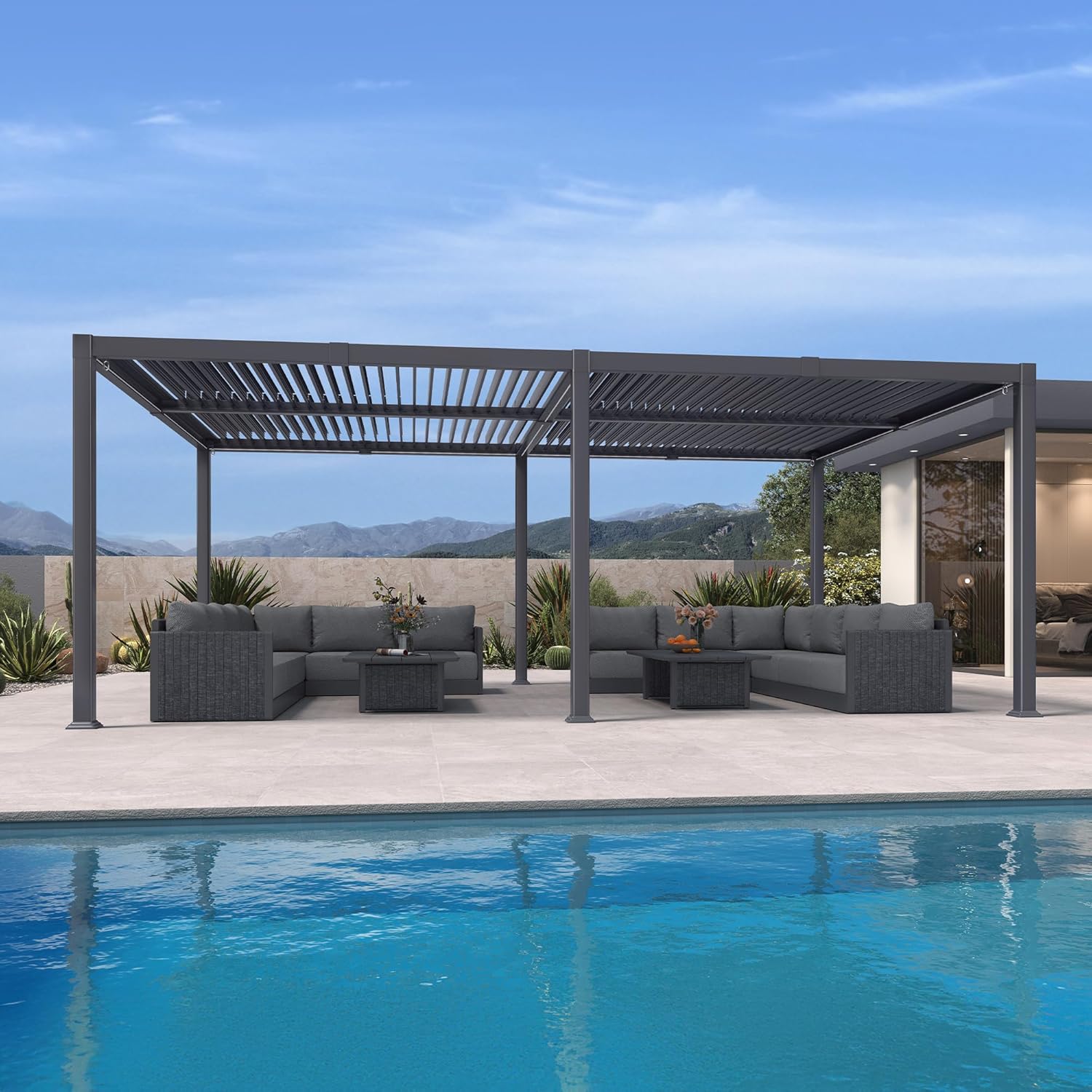 etezen - Pergola bioclimatique - 4x6m - alu lames LED gris