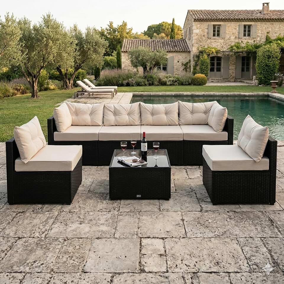 etezen - NACULA - Salon de jardin 5 places, résine tressée, coussins beige, table basse verre, extérieur