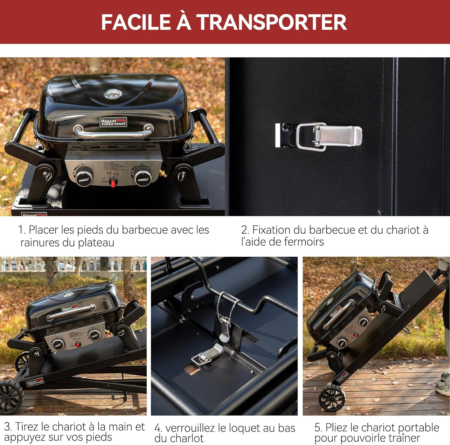etezen - barbecue gaz portable - 48x37 cm - 2 brûleurs, tables pliantes, chariot détachable, 5kW