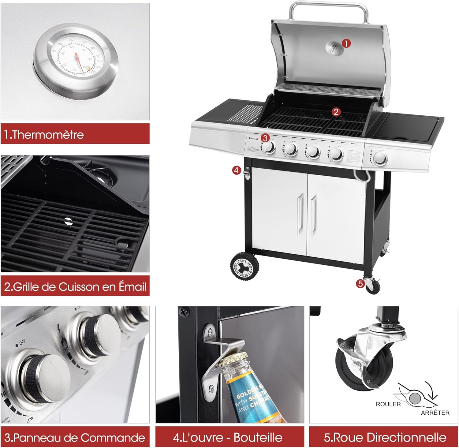 etezen - Barbecue Gaz 4+1 brûleurs inox - 14,5kW - 2 portes, thermomètre, roues directionnelles