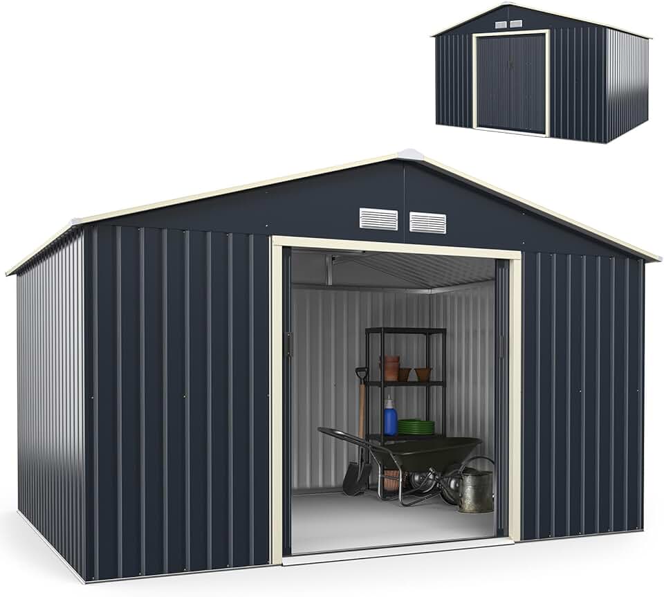 etezen - abri de jardin métal, 340x255x210cm, 2 portes, aération, toit pentu