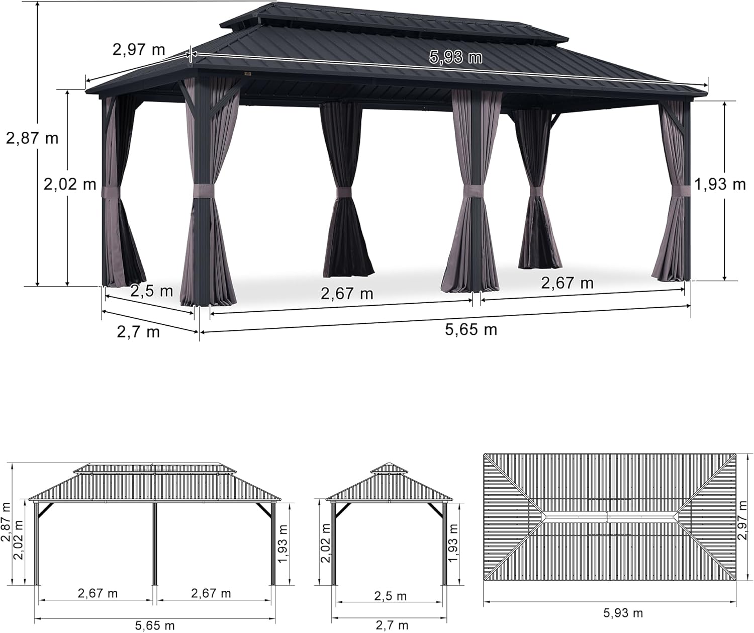 etezen - pergola double toit 6x3m, alu & acier, rideaux & moustiquaire