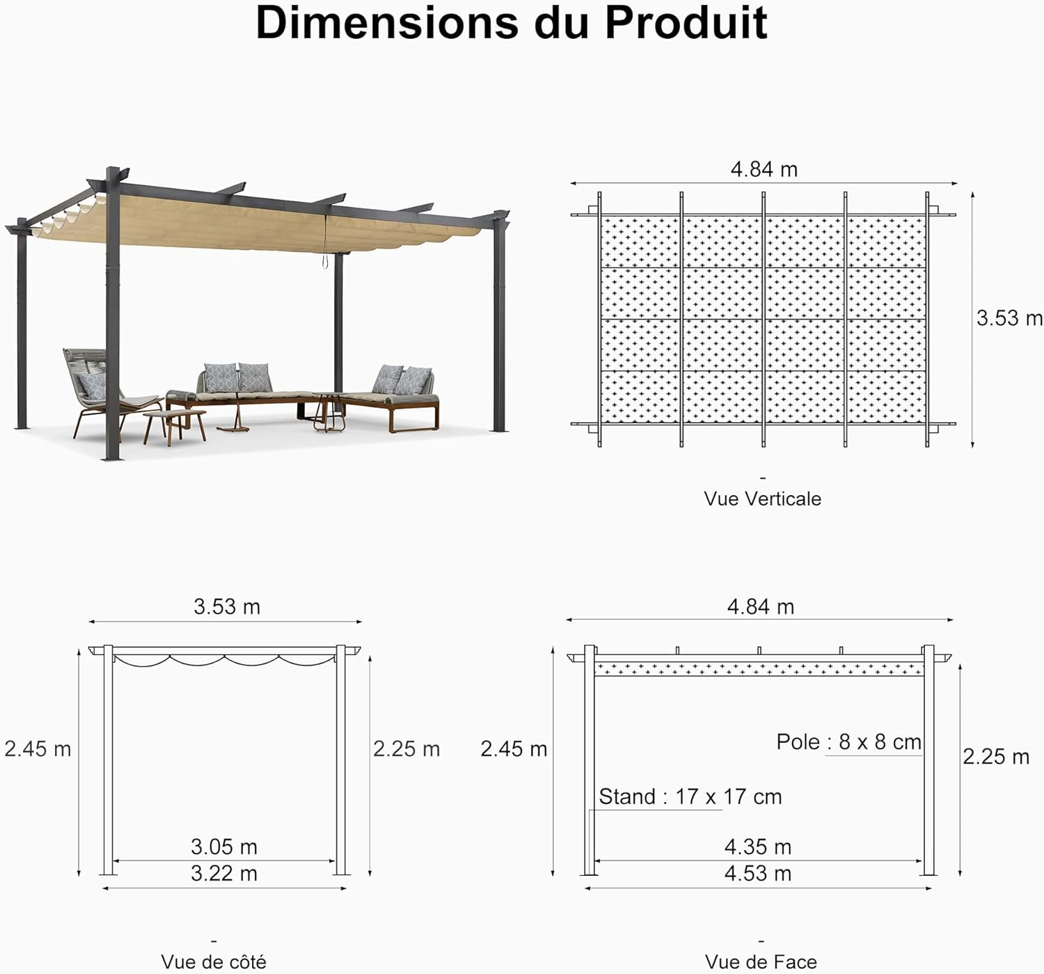 etezen - pergola aluminium série LED - 4,8x3,5 m - toit rétractable, structure résistante, kaki