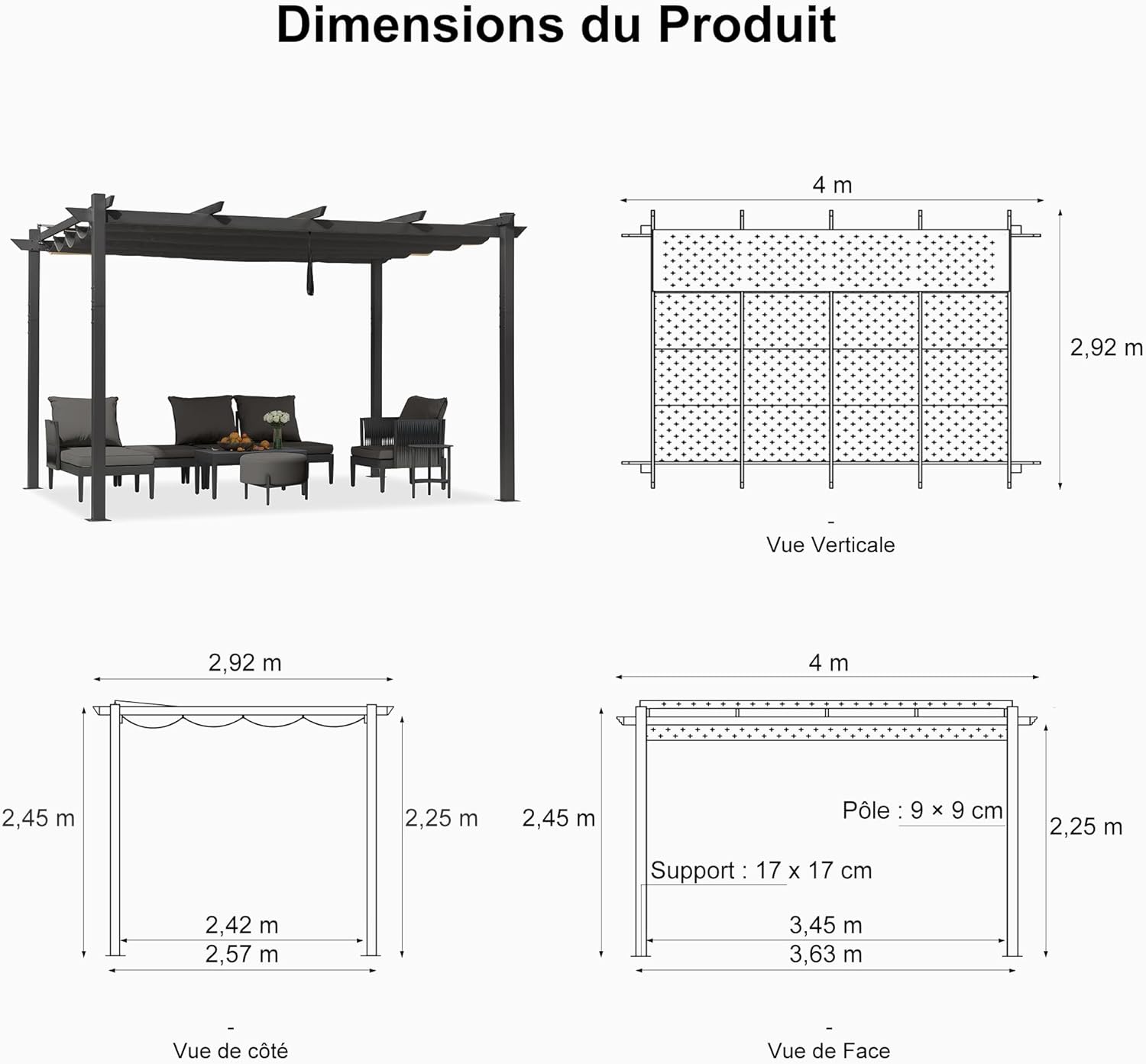 etezen - Pergola aluminium série - 4x3m - toit rétractable, imperméable, gris