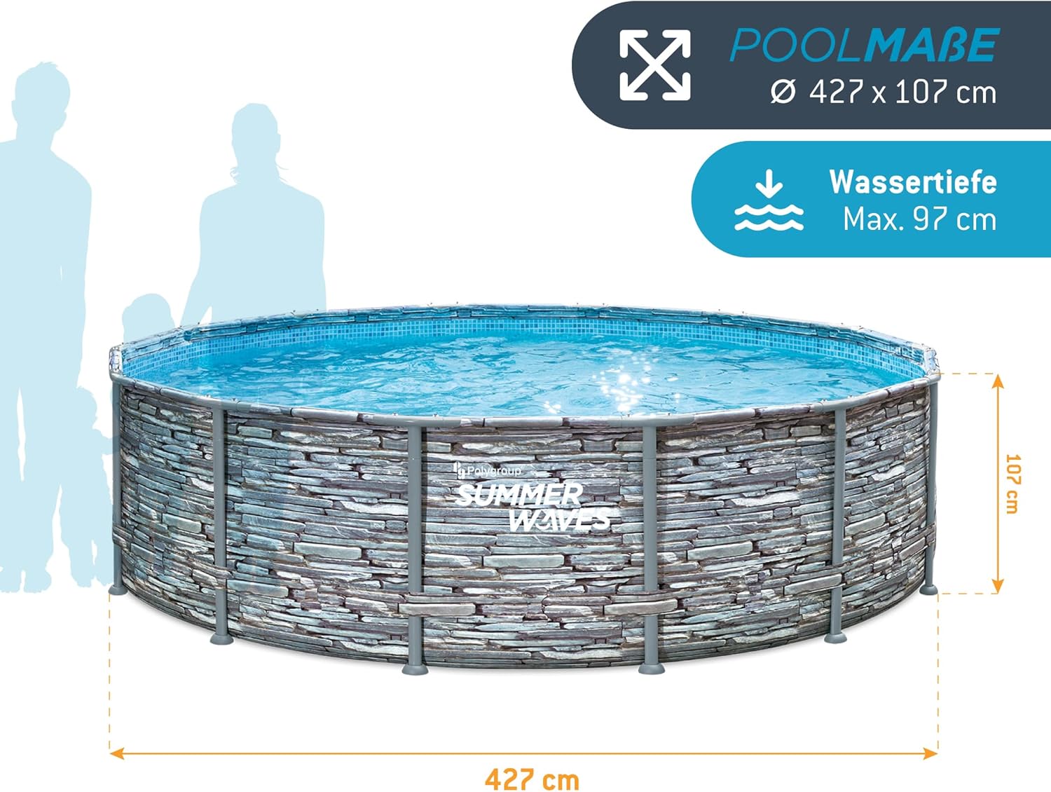 etezen - Frame Pool Kit rond - 427x107 cm - aspect pierre grise, pompe à filtre