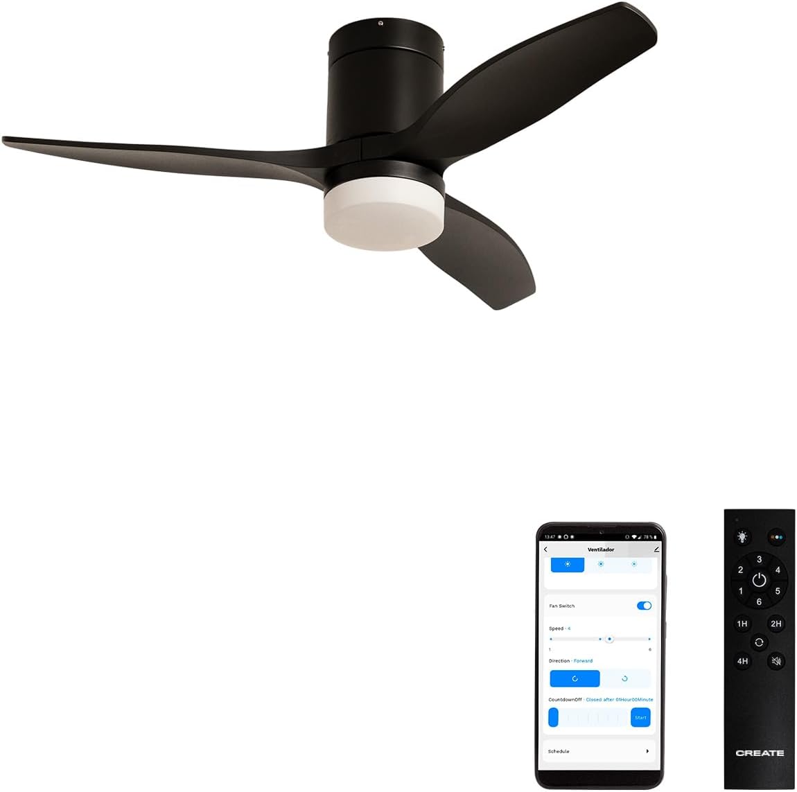 CREATE / WINDCALM S/Ventilateur de plafond ABS avec lumière noir avec Wifi et télécommande / 40W, Silencieux, Ø112 cm, 6 vitesses, 3 températures de lumière, minuterie, fonction été-hiver