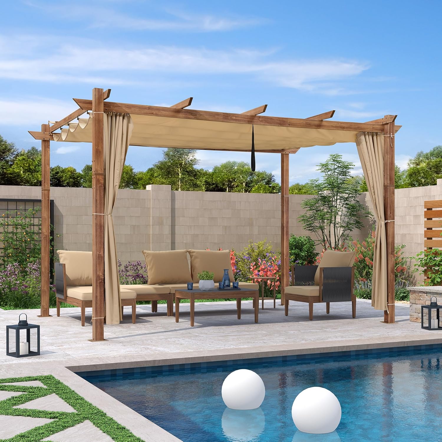 etezen - Pergola alu finition teck 4x3m - toile rétractable, rideau, kaki