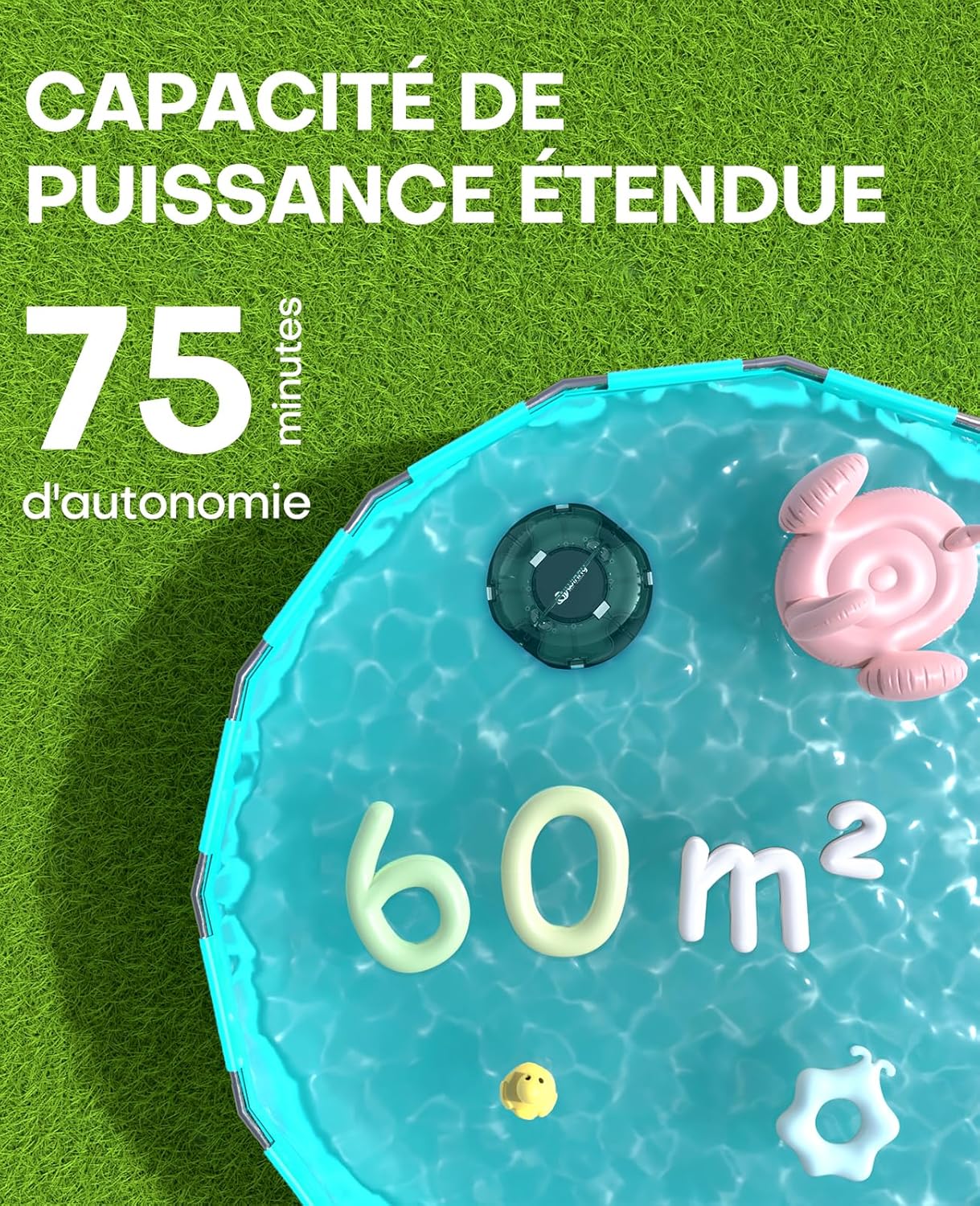etezen Winny 200 Robot Piscine, Aspirateur Piscine Sans Fil Avec Batterie, Autonomie 75 Min pour Piscines Hors-Sol 60m², Double Filtration,Stationnement Automatique(Transparent Vert Blanc)