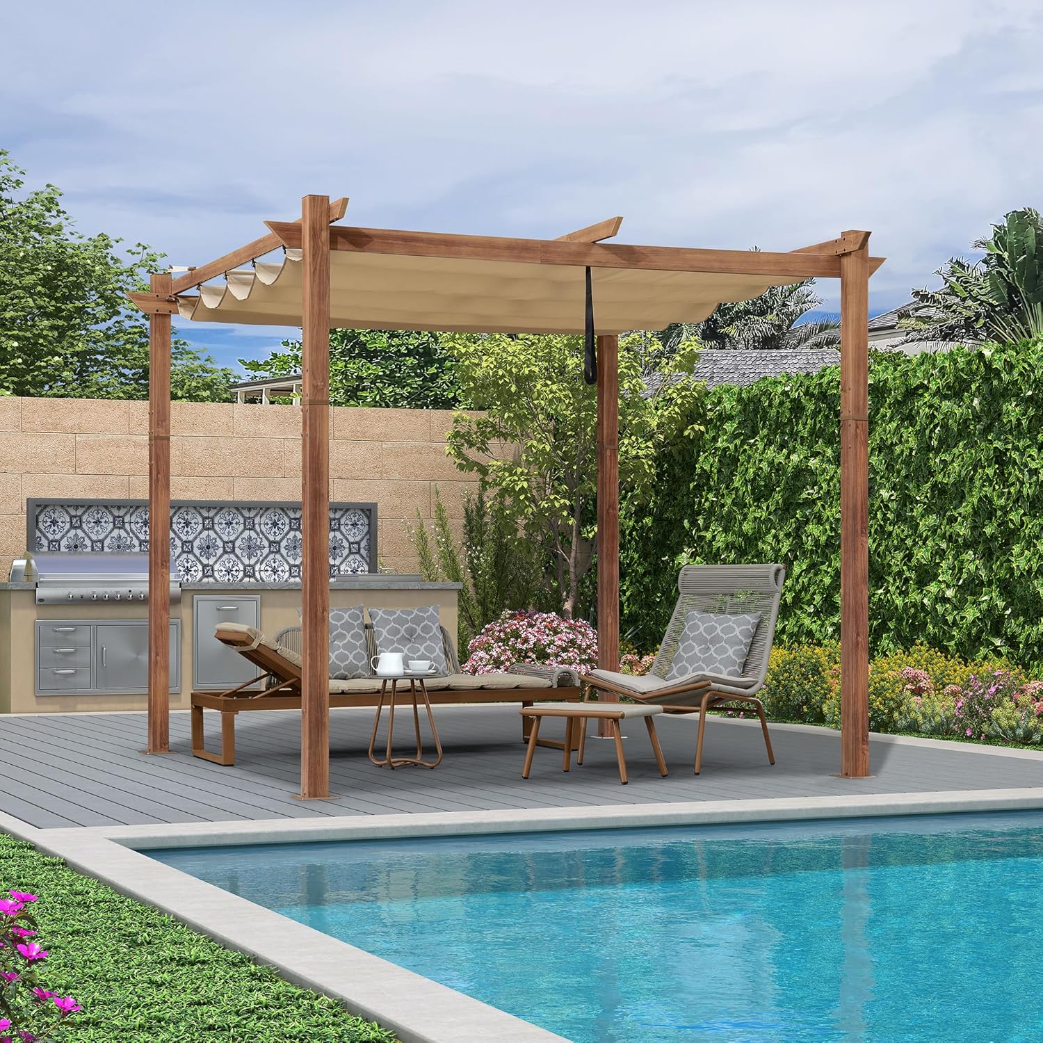 etezen - pergola aluminium - 3x3m - teck, toile rétractable, kaki