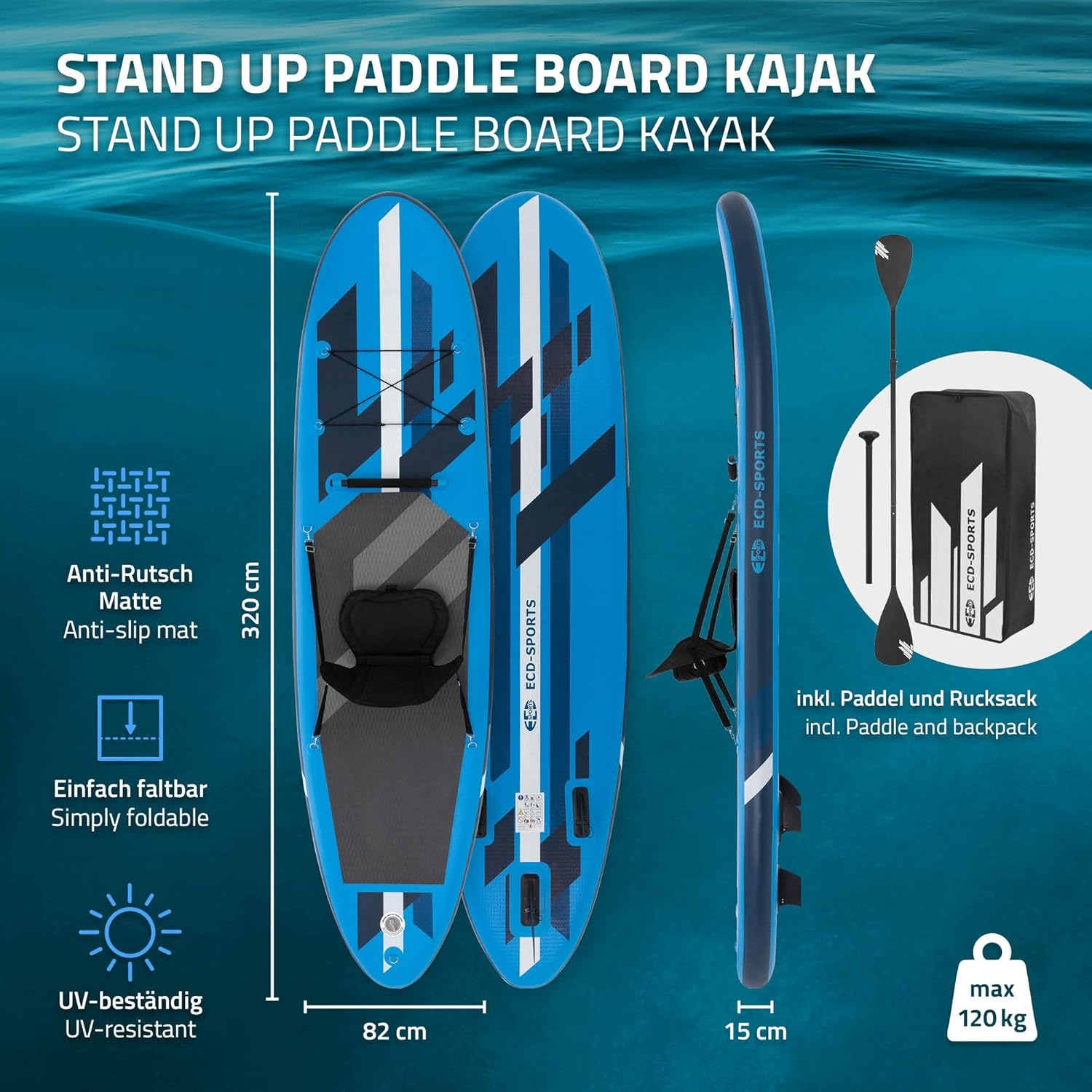 etezen Stand Up Surf Paddle Board Gonflable 305/308/320/380 cm | PVC | jusqu'à 120/150 kg | Épaisseur 10/15 cm | Planche de Surf Pagaie Sac de Transport Pompe à Air | Diverses Couleurs Modèles