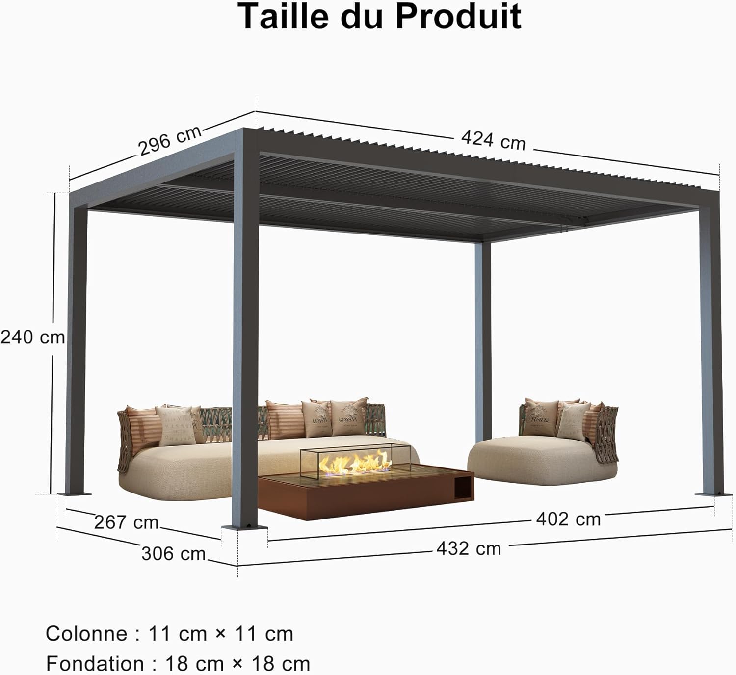 etezen - Pergola bioclimatique - 4,24x3m - aluminium, persienne fixe, lames orientables