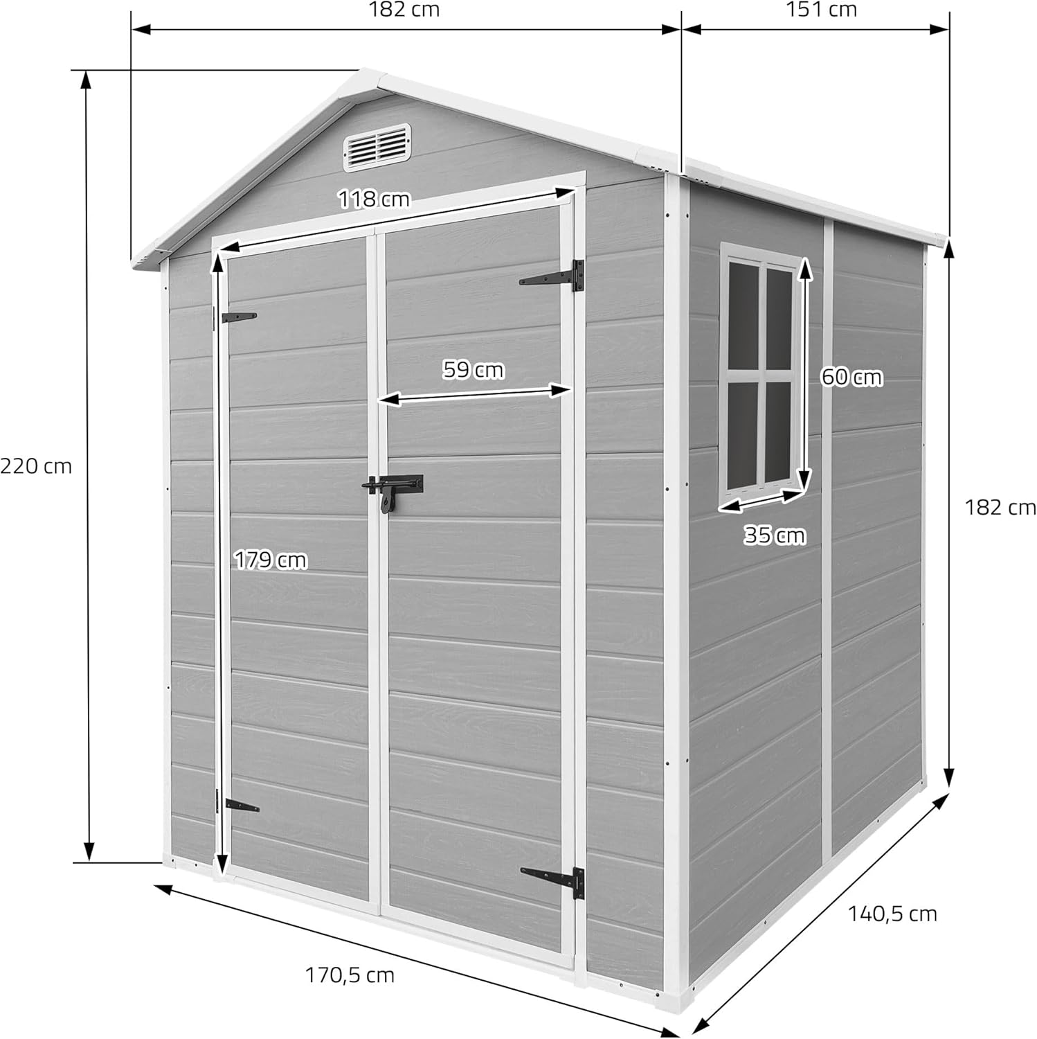 etezen - abri de jardin résine, 151x182x220 cm, double porte, fenêtre, 5m³