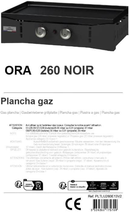 Marque - etezen Plancha Ora Gaz - 260 Noire - Plancha gaz robuste et compacte, surface de cuisson large.