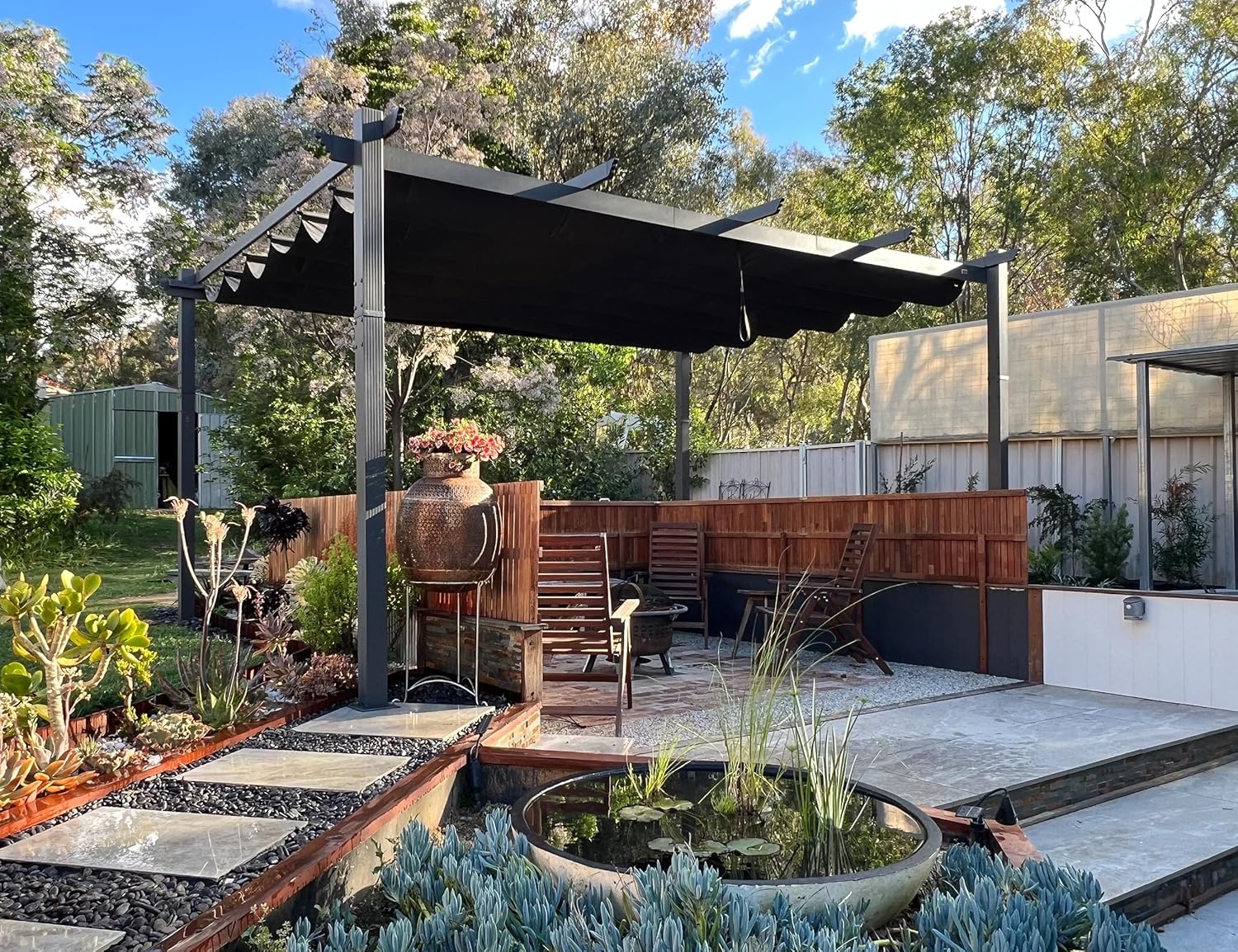 etezen - pergola aluminium - 4,8x3,5m - LED, toit rétractable, tissu mass teinté, structure résistante
