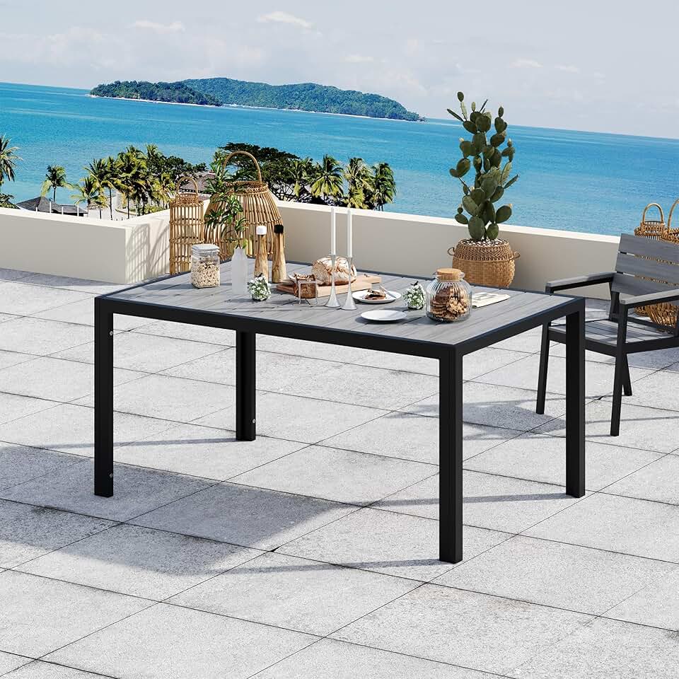 etezen - HDPS - Table de jardin 150x80x72cm - aluminium, grain bois