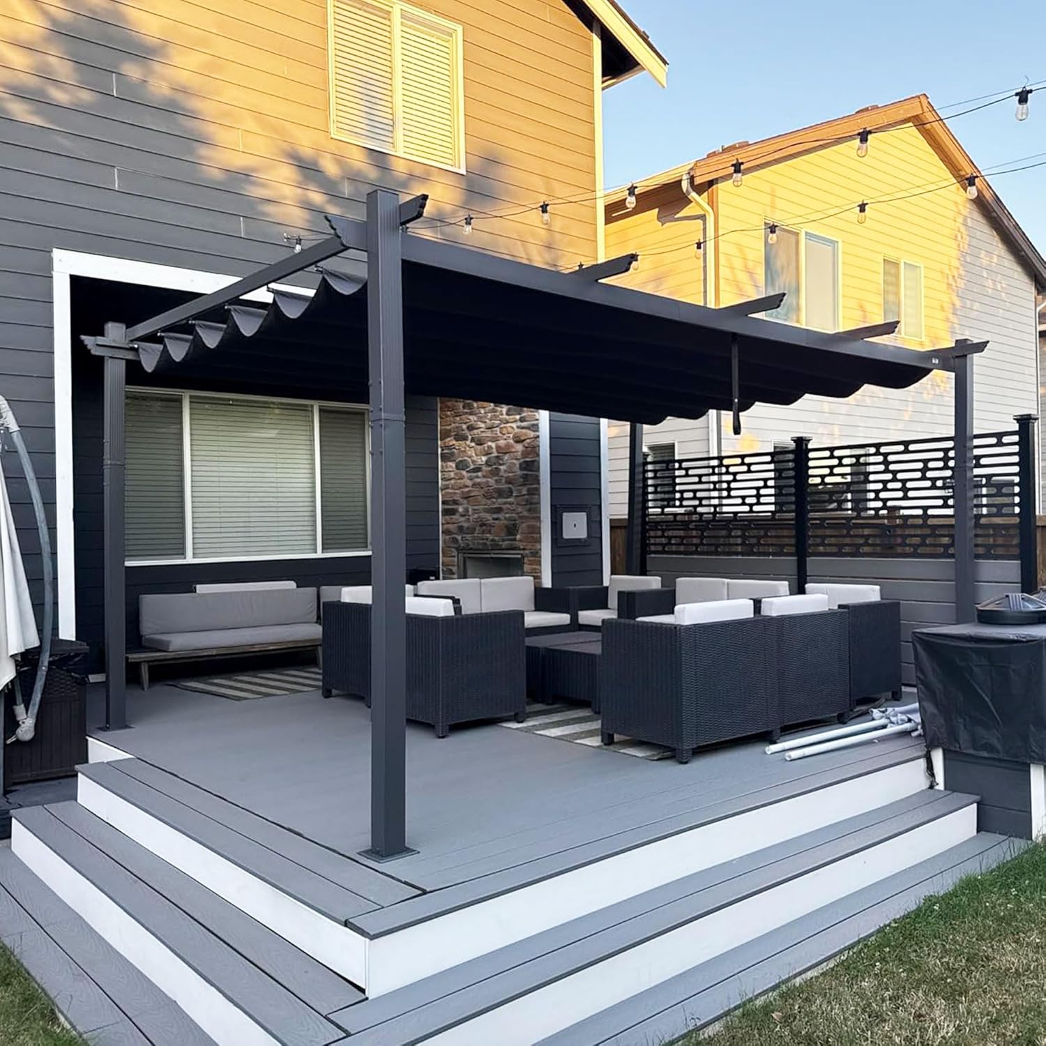 etezen - Pergola aluminium - 4x3,2m - LED, toit rétractable, toile teintée