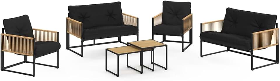 etezen - Salon Bas Rio 6 places, métal noir, coussins noirs, effet rotin