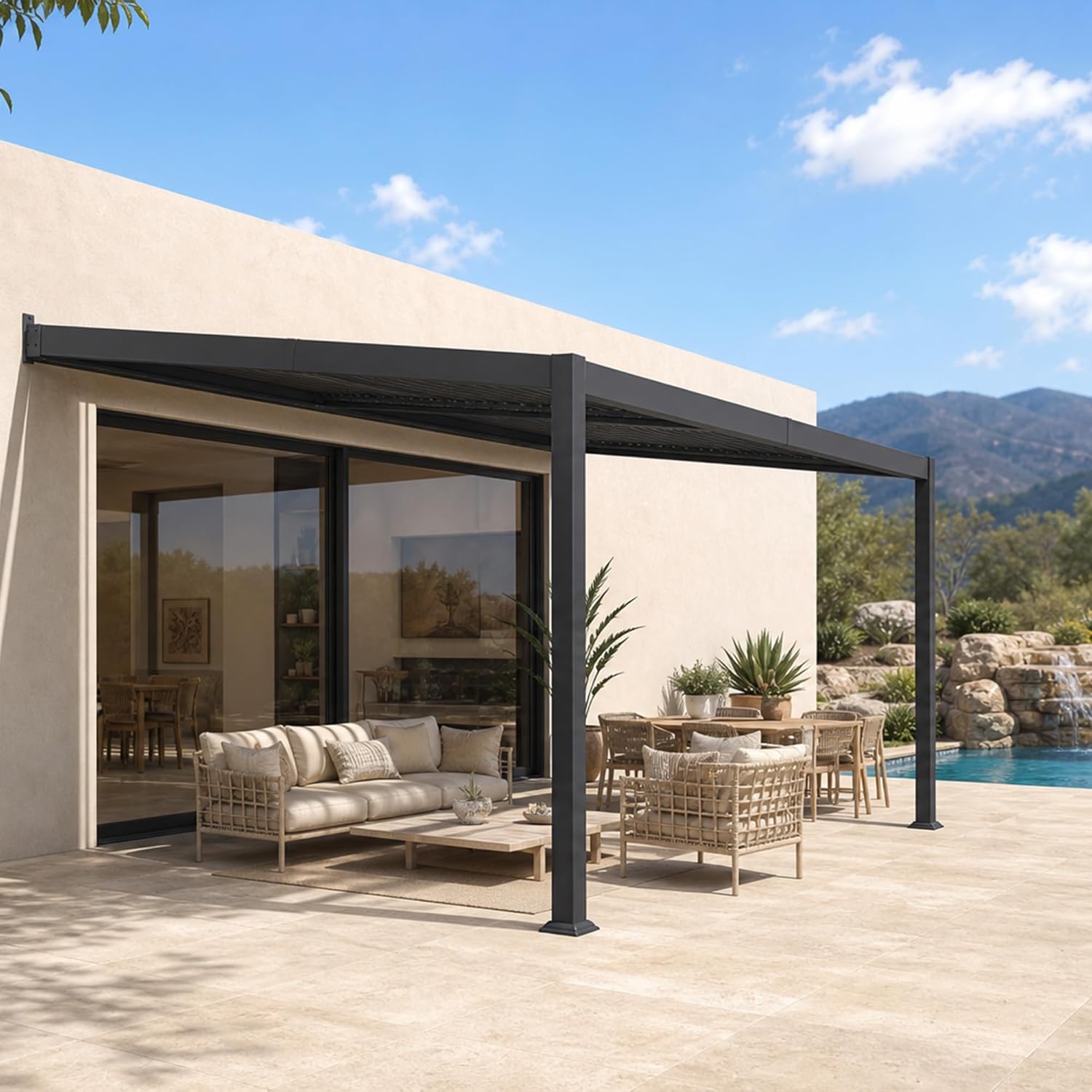 etezen - pergola bioclimatique adossée - 2,5x3,65m - aluminium, lames orientables, imperméable, gain de place