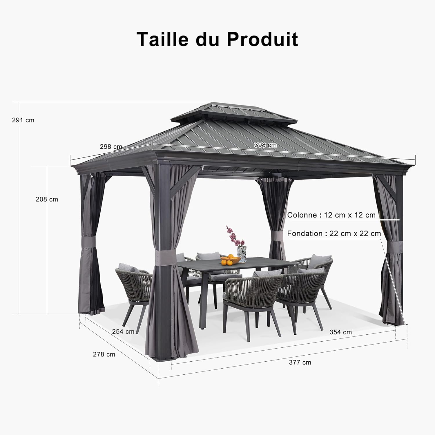 etezen - tonnelle jardin série toit rigide - 3,65x3m - acier galvanisé, gouttière, rideaux épais