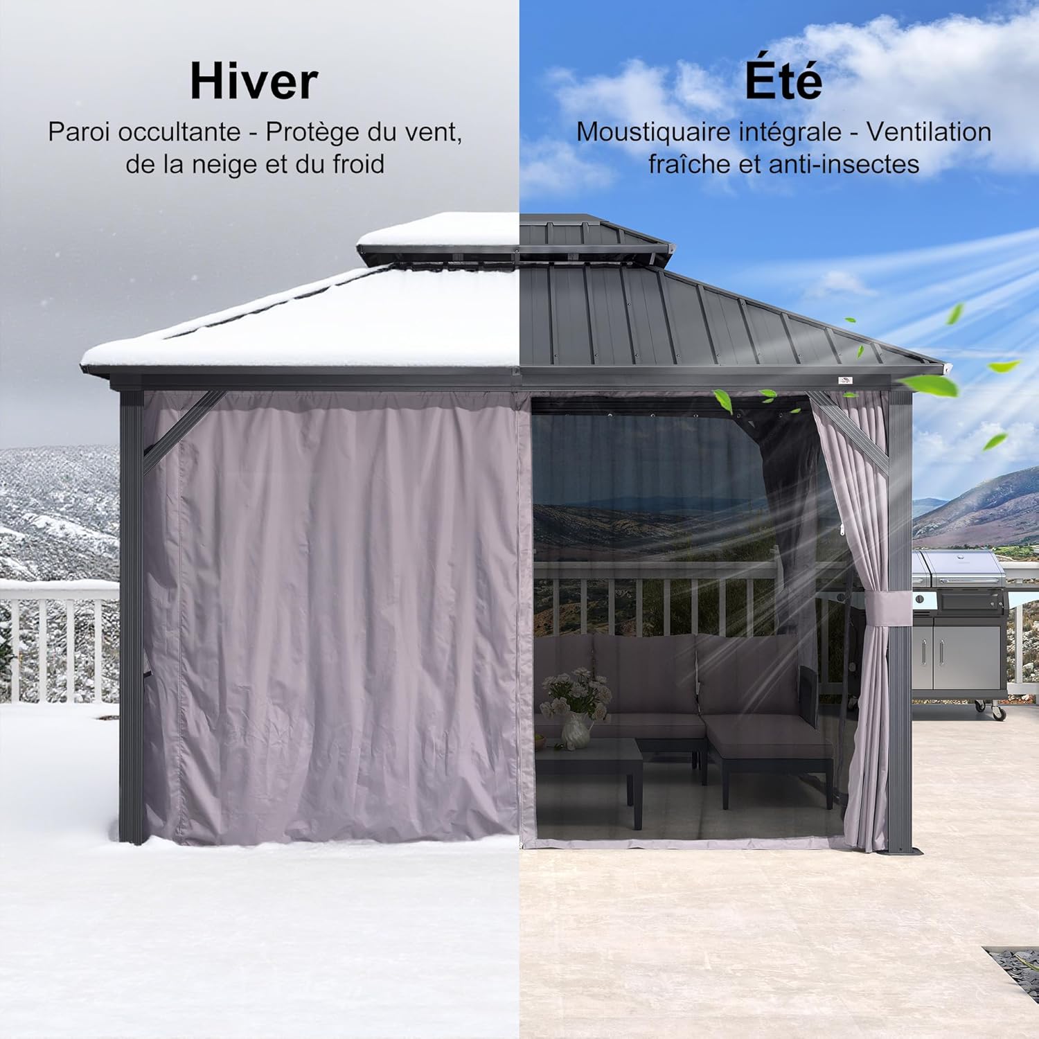 etezen - Pergola aluminium double toit 3,65x3m rideaux moustiquaire