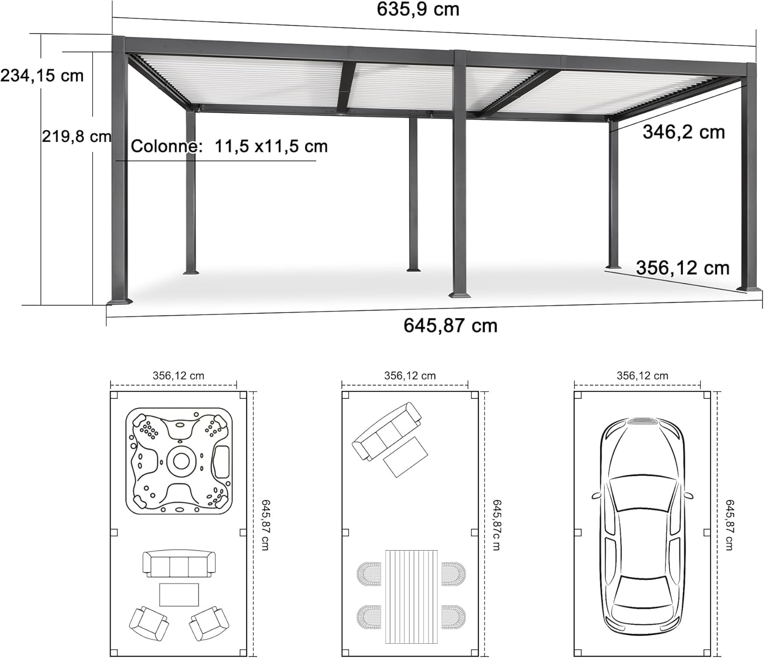 etezen - Pergola Bioclimatique - 6,35x3,5m - Aluminium, éclairage, lames orientables, poteaux blancs