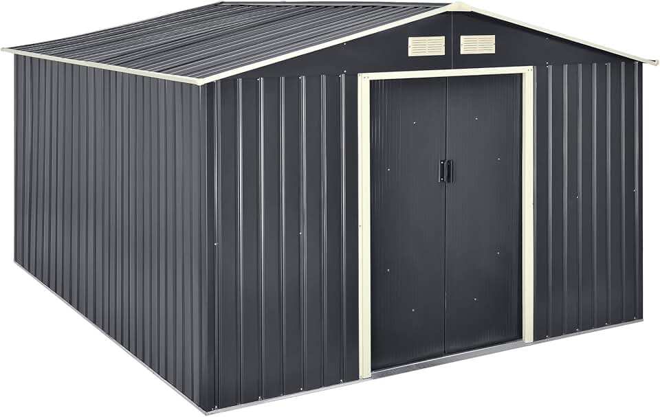 etezen Abri de Jardin 15 m³ Robuste Cabane de Stockage Extérieur Cabane à Outils Toit à Pignon Tôles en Acier Galvanisées Gris Foncé