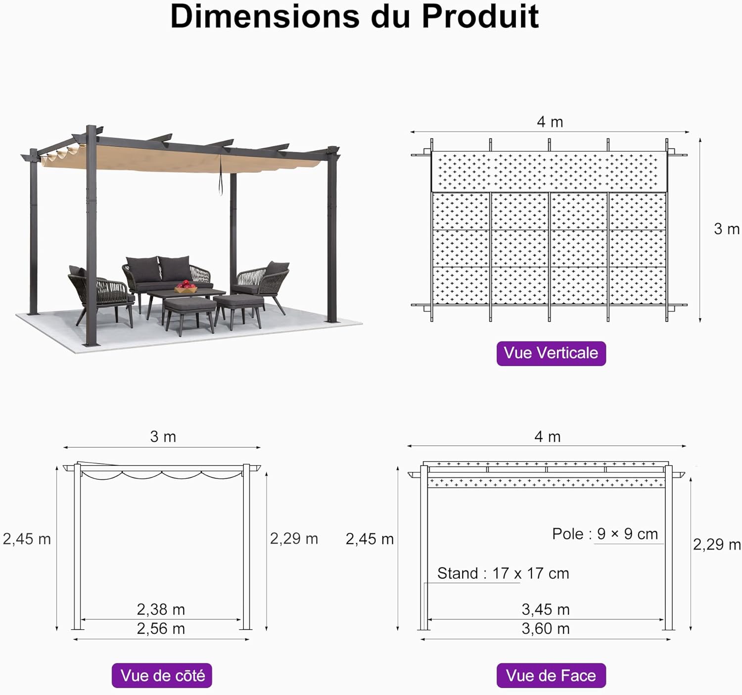 etezen - Pergola Aluminium - 4x3m - Toit coulissant, tissu kaki