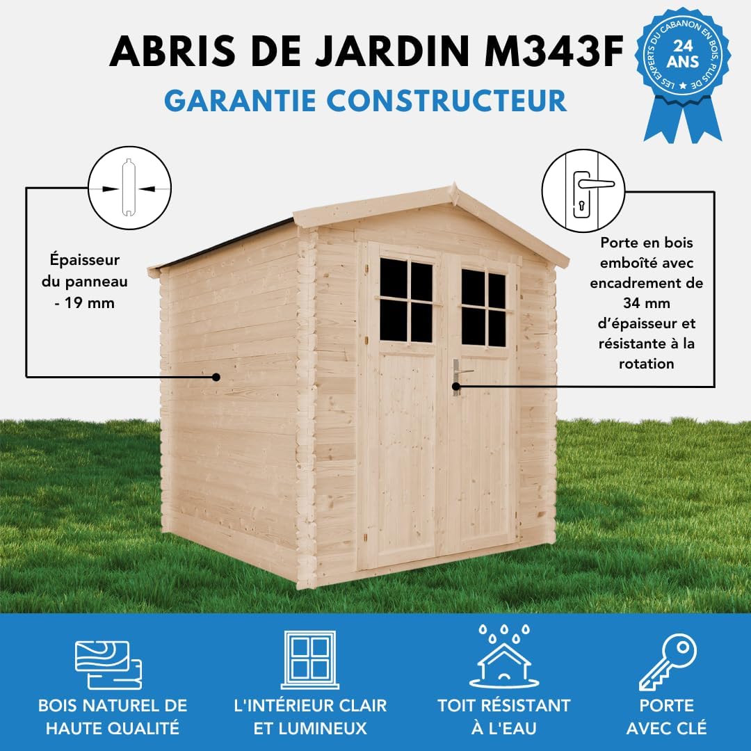 Abri de Jardin en Bois avec Sol TRAITÉ Porte verrouillable de Haute qualité - Stockage extérieur I216xL206xH218 cm/ 3.53 m2 - Toit imperméable, fenêtres etezen M343F+M343G