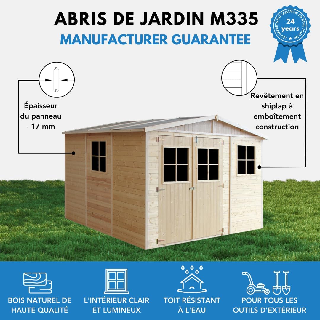 ABRI de Jardin en Bois Exterieur avec Les PLANCHERS IMPRÉGNÉ - Cabane de Jardin en Pin/épicéa- H226x316x324 cm/9 m²-Construction de Panneaux- Rangement pour vélos, Remise à Outils- etezen M335+M335G