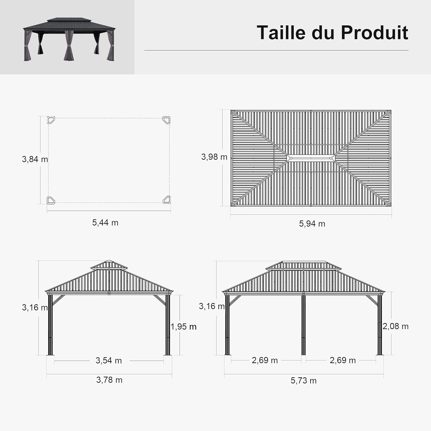 etezen - tonnelle jardin 6x4m - alu, éclairage, gouttière, rideaux
