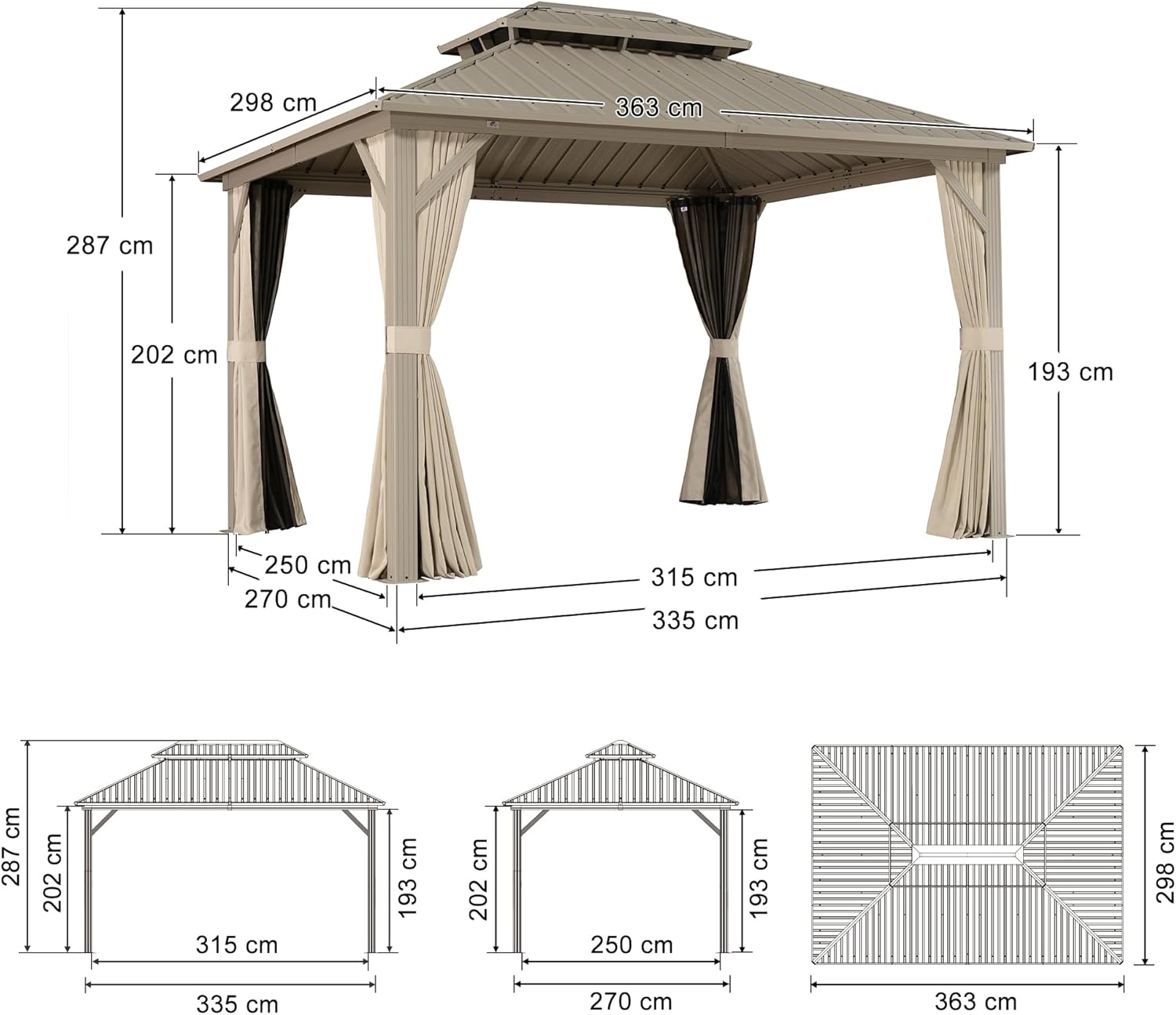 etezen - pergola aluminium - 3,65x3m - double toit, moustiquaire, rideaux