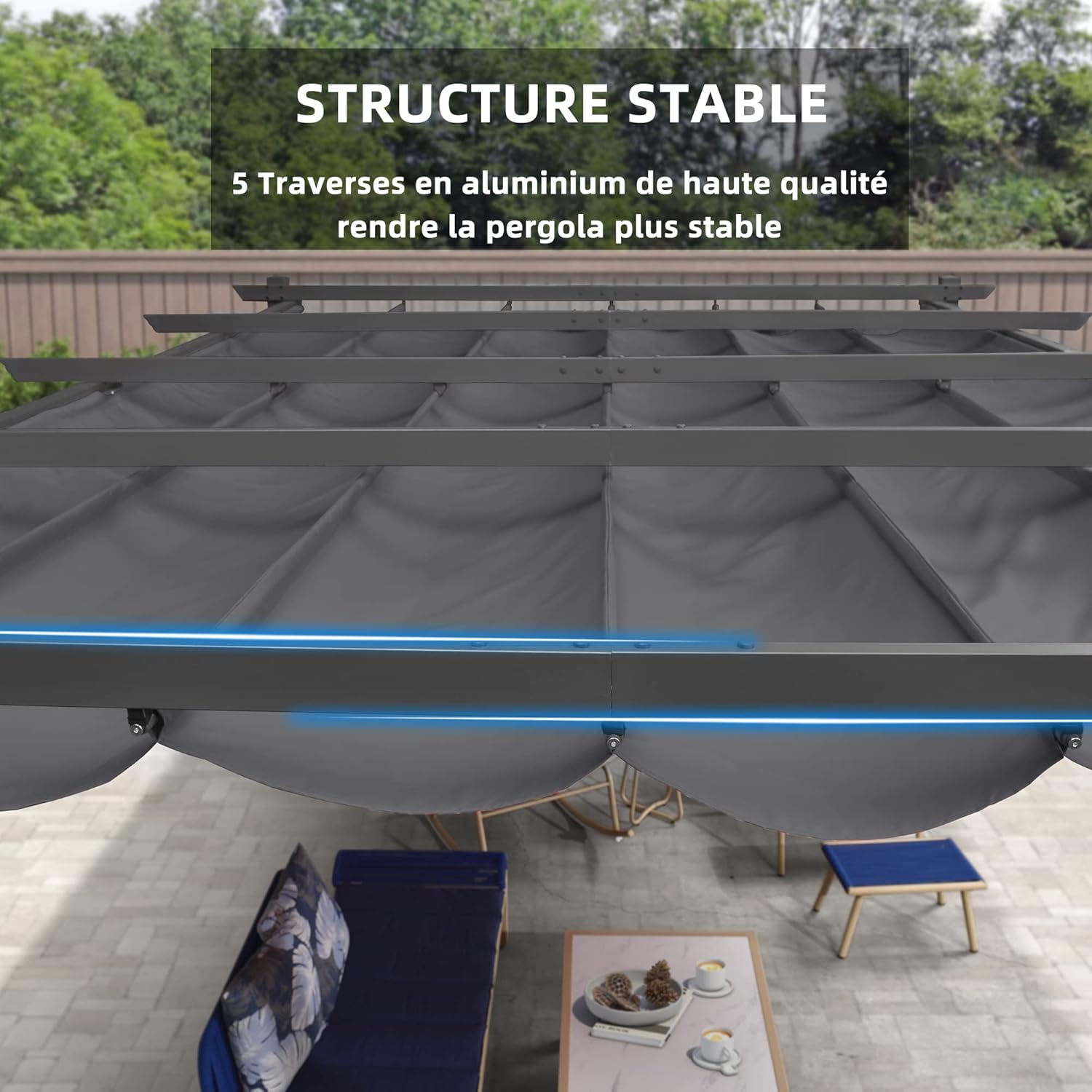 etezen - pergola aluminium - 3,65x3m - toit rétractable LED, tissu gris