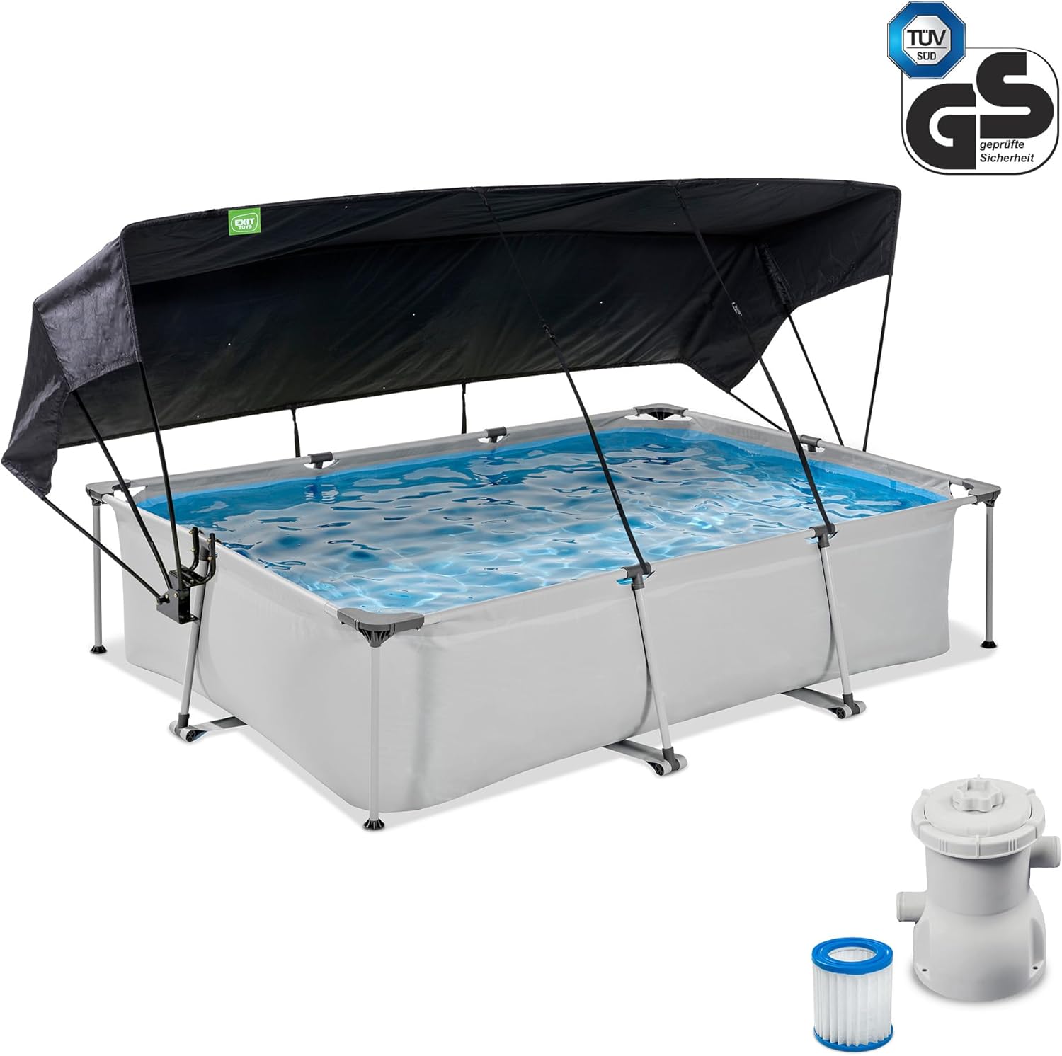 etezen Piscine Soft Grey avec Voile d'Ombrage - 300x200x65cm - Piscine Hors Sol Rectangulaire avec Pompe Filtrante à Cartouche - Protection Optimale Contre Les Rayons UV - Entrée Basse - Gris