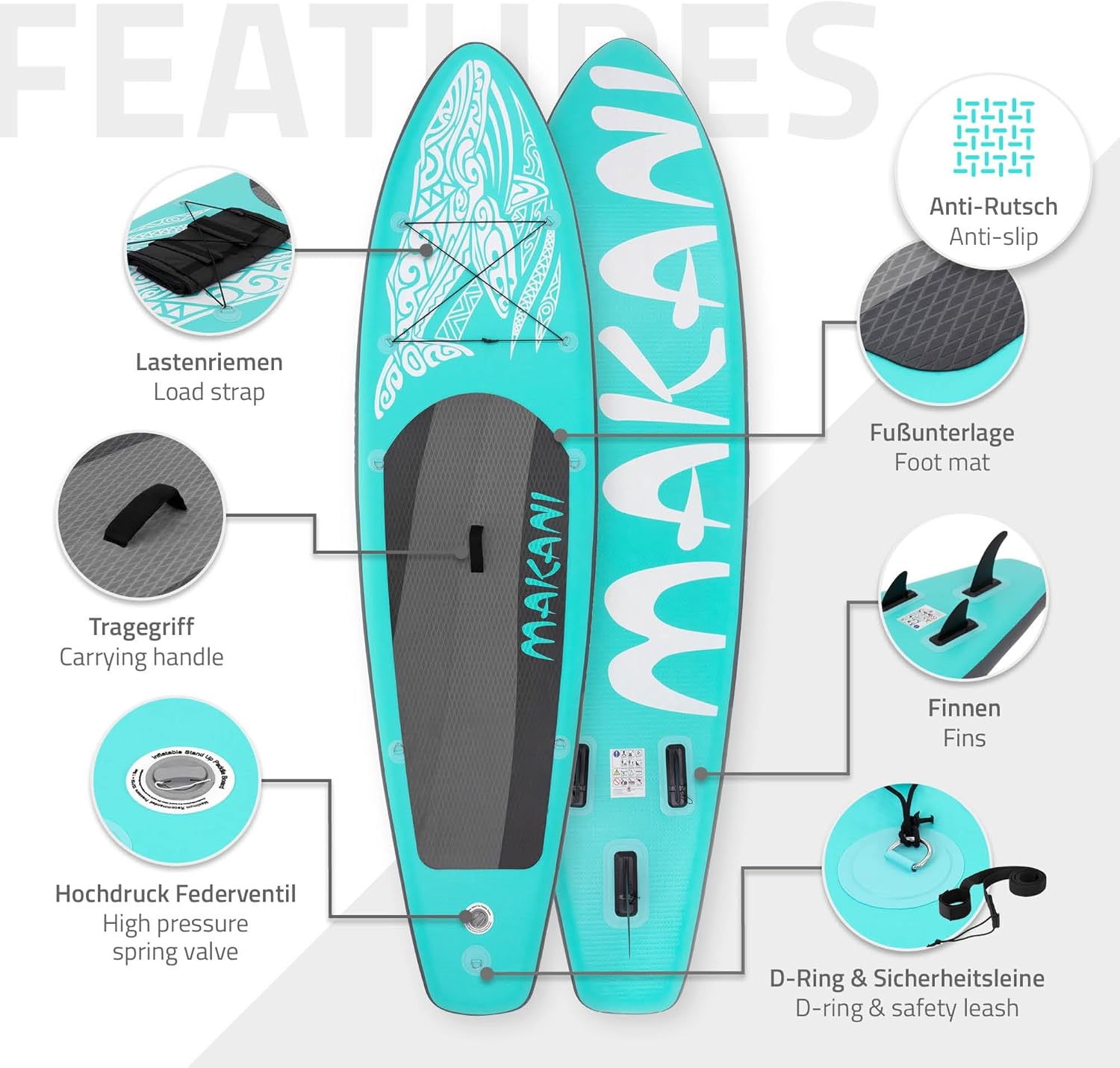 etezen - Stand Up Paddle Board - 305/308/320/380 cm - PVC, jusqu’à 150 kg, 10/15 cm, sac, pompe