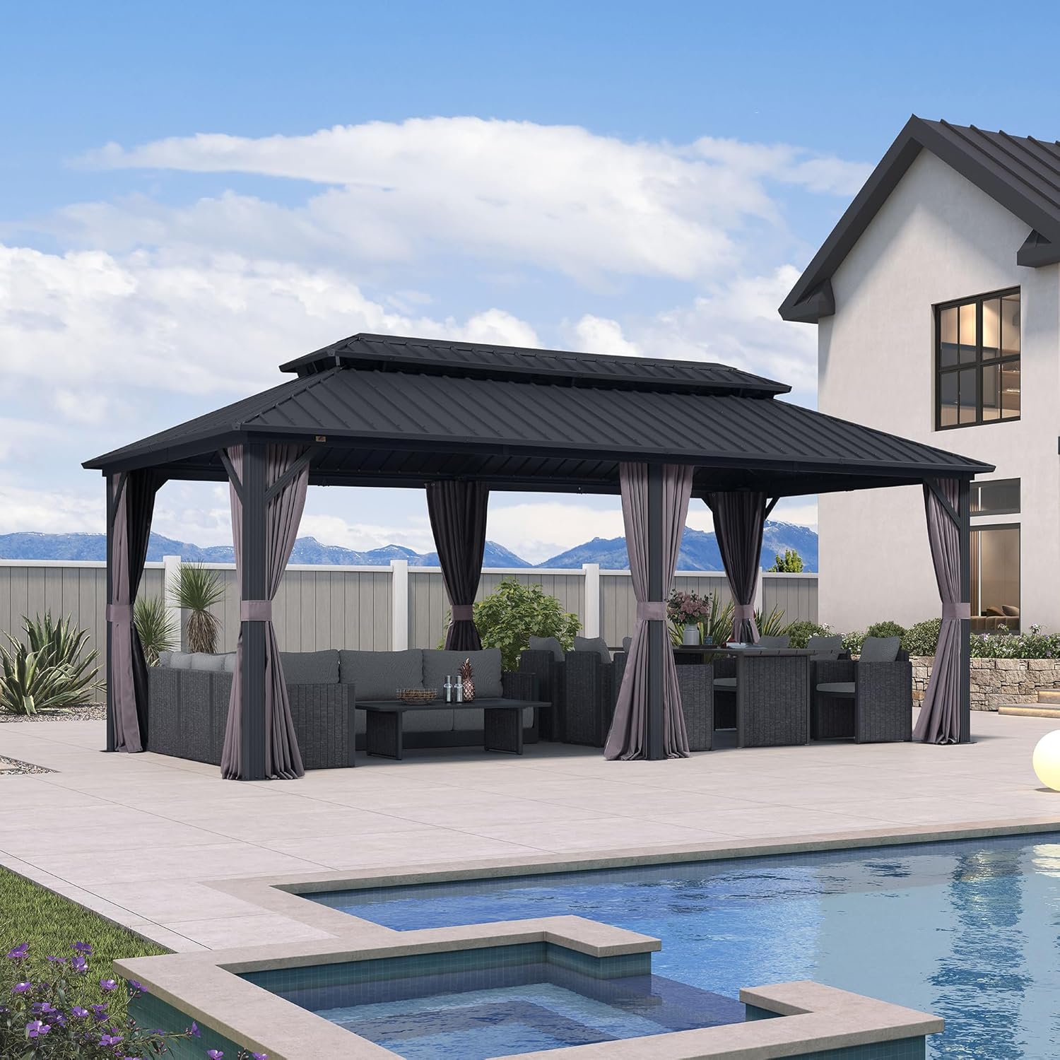 etezen - pergola double toit 6x3m, alu & acier, rideaux & moustiquaire