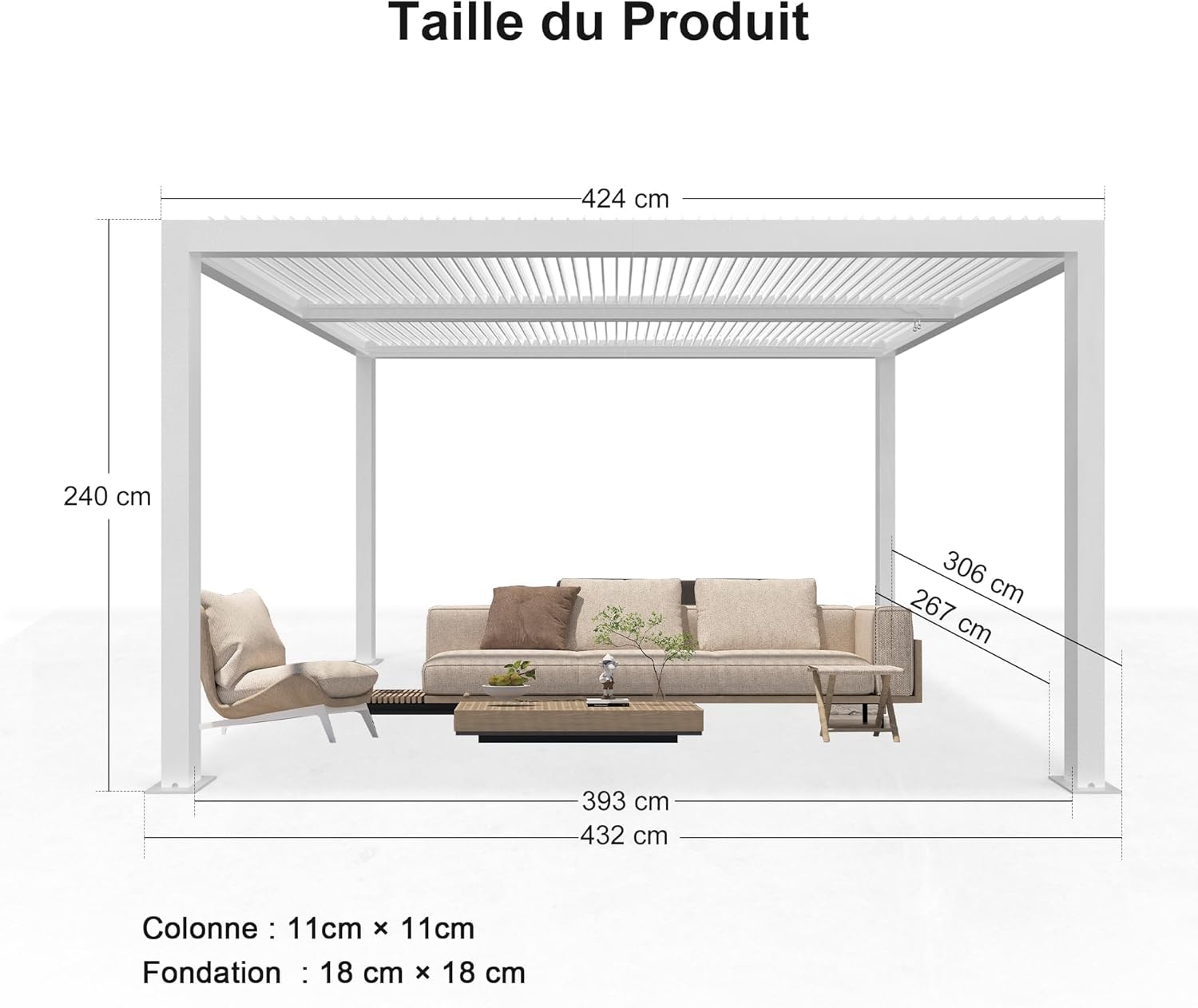 etezen - pergola bioclimatique - 4,24x3m - aluminium, stores enrouleurs, lames orientables