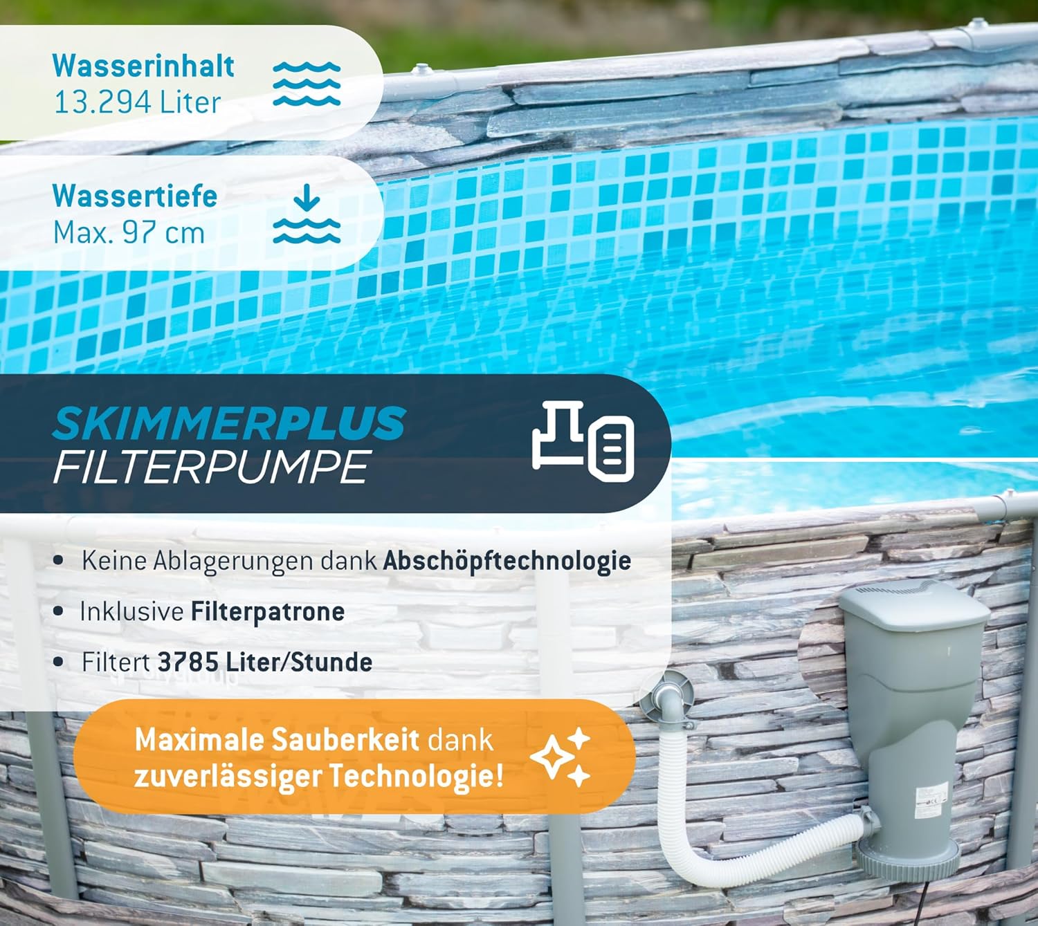 etezen - Frame Pool Kit rond - 427x107 cm - aspect pierre grise, pompe à filtre