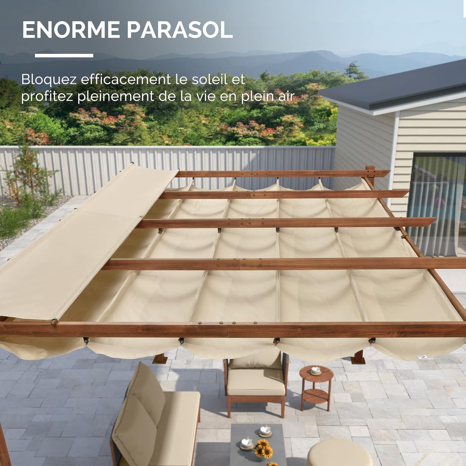 etezen - Pergola aluminium 4x3m, toit rétractable, éclairage intégré, finition teck, kaki
