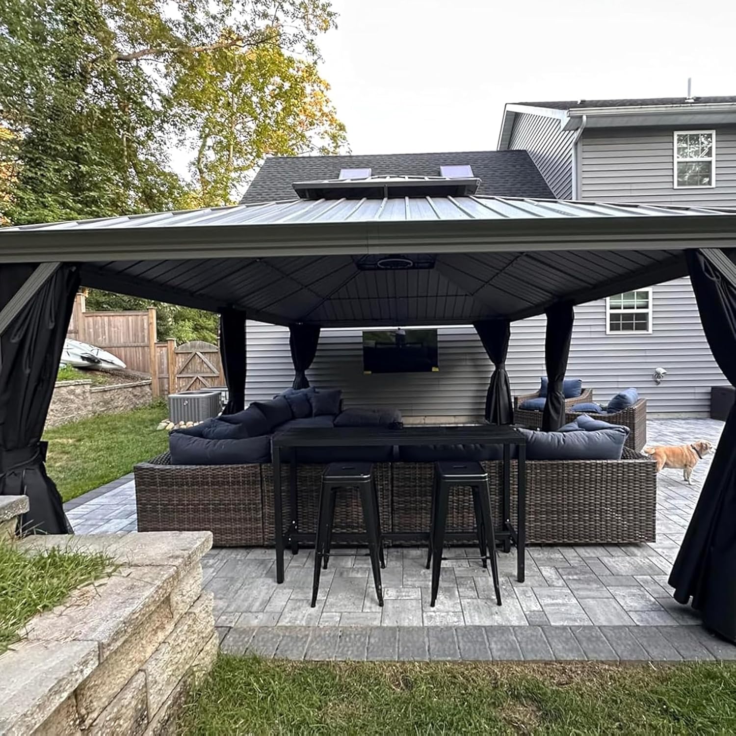 etezen - pergola double toit - 4,25x6m - alu, rideaux, moustiquaire, guirlande