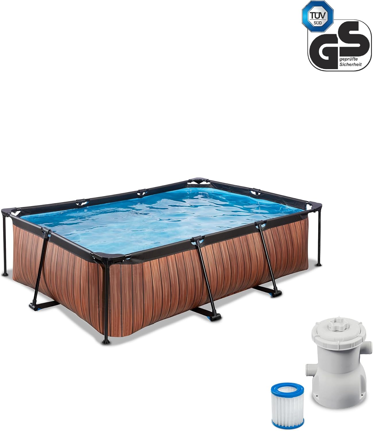 etezen Piscine en Bois - 220 x 150 x 65 cm - Rectangulaire et compacte - avec Pompe à Filtre à Cartouche - Facile d'accès - Convient pour Les Tout-Petits - Cadre Solide - Design Unique - Marron