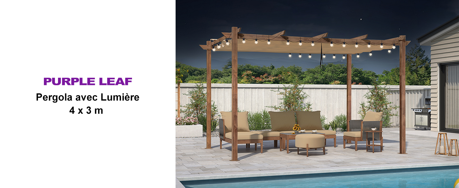 de marque etezen avec guirlandes lumineuses, mesurant 4 x 3 m, illustrée dans le cadre d'une piscine extérieure avec des meubles en dessous. Dispose d'un design moderne avec auvent illuminé.