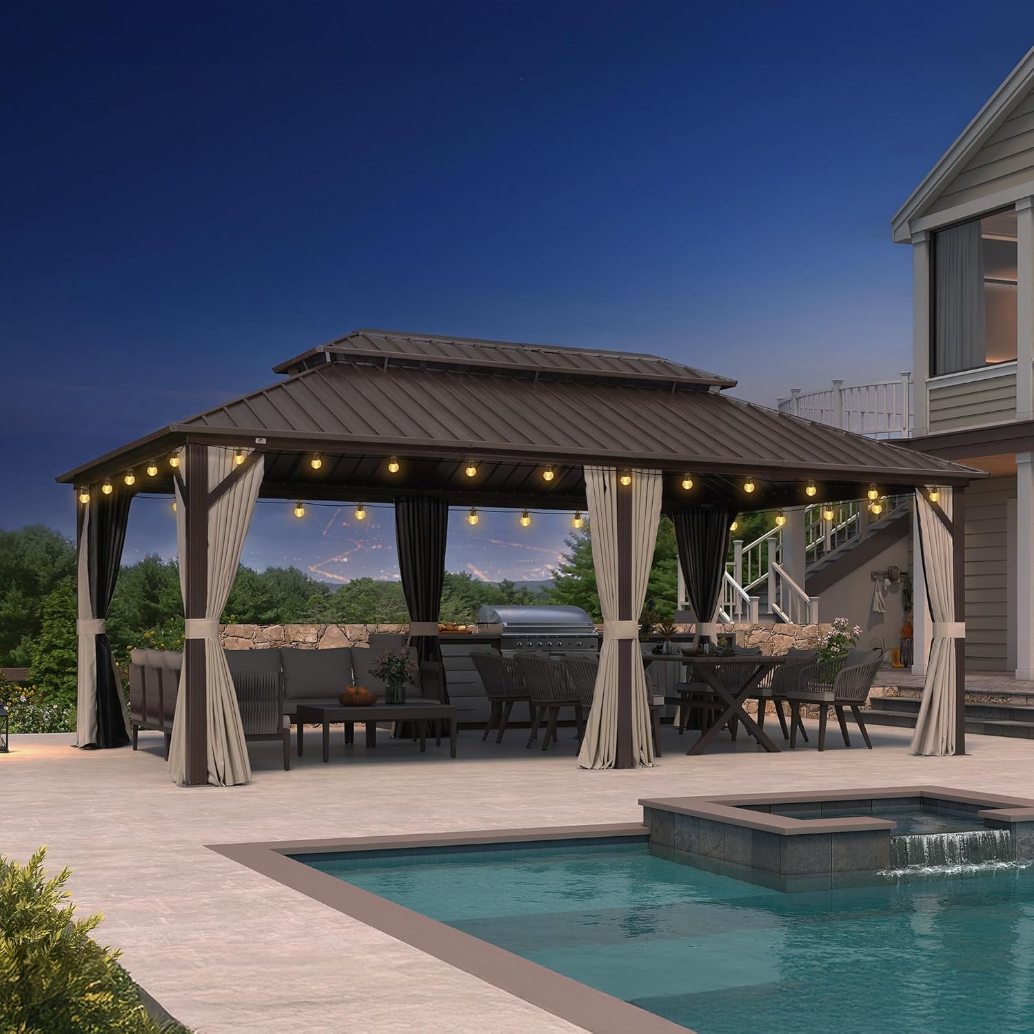etezen - pergola double toit rigide 6x3,65m, aluminium, guirlande, rideaux