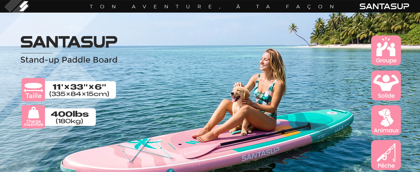 Le texte indique « etezen » avec les informations sur le produit visibles. L'image montre une personne sur un paddleboard bleu sur l'eau, vêtue d'une tenue rose et blanche, présentation du produit avec des éléments de marque roses.