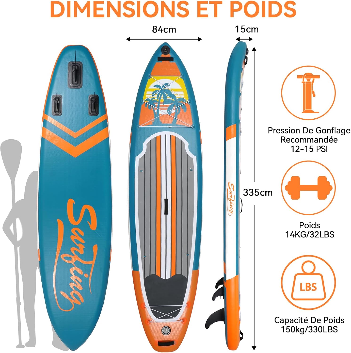 etezen - Paddle gonflable adulte - 320/335cm - 2 personnes, siège kayak, pagaie alu, caméra, pompe, 150kg