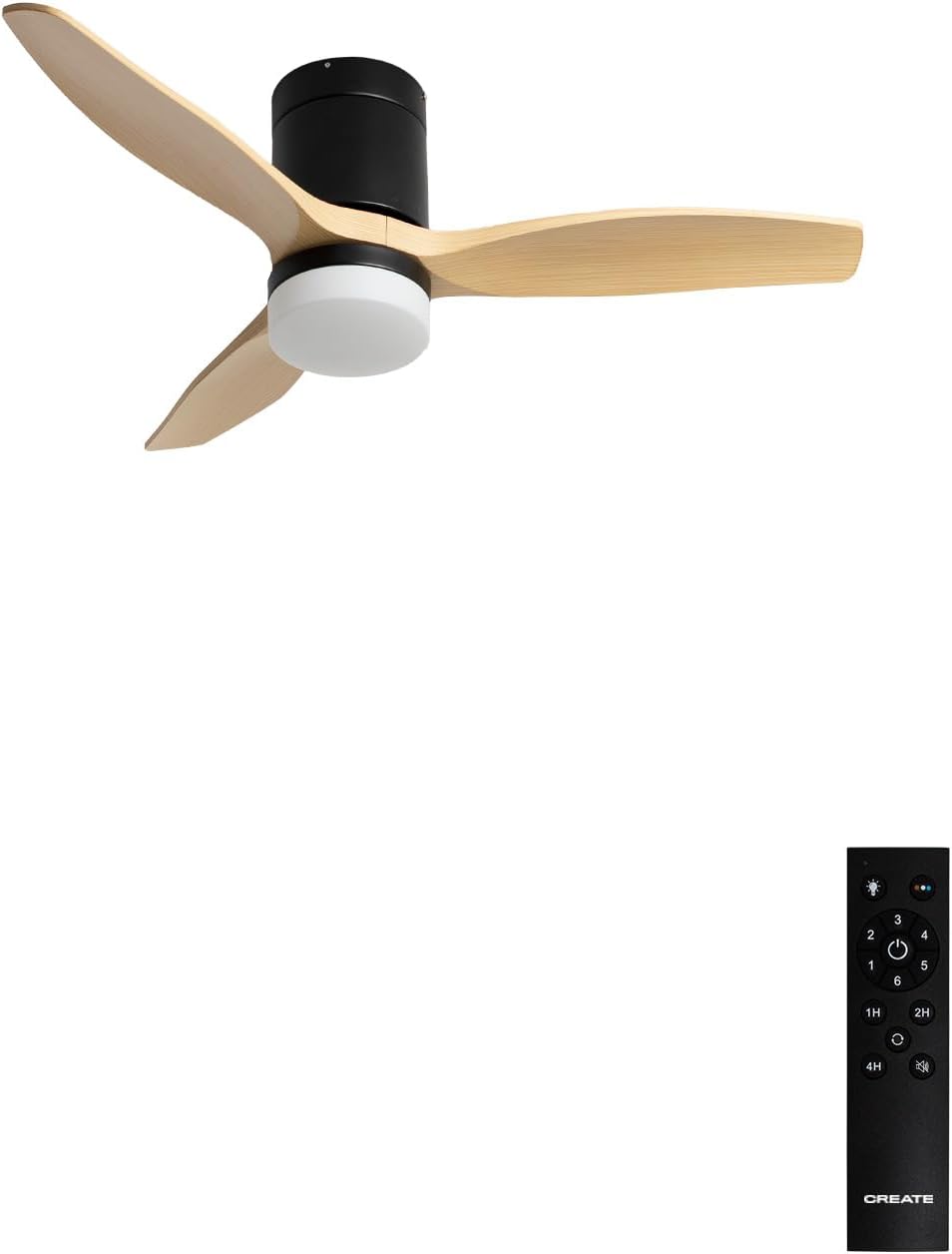 CREATE WINDCALM S Ventilateur de plafond ABS avec lumière noire, pales effet bois clair avec télécommande, 40 W, silencieux, Ø112 cm, 6 vitesses, 3 températures de lumière, minuterie, fonction été
