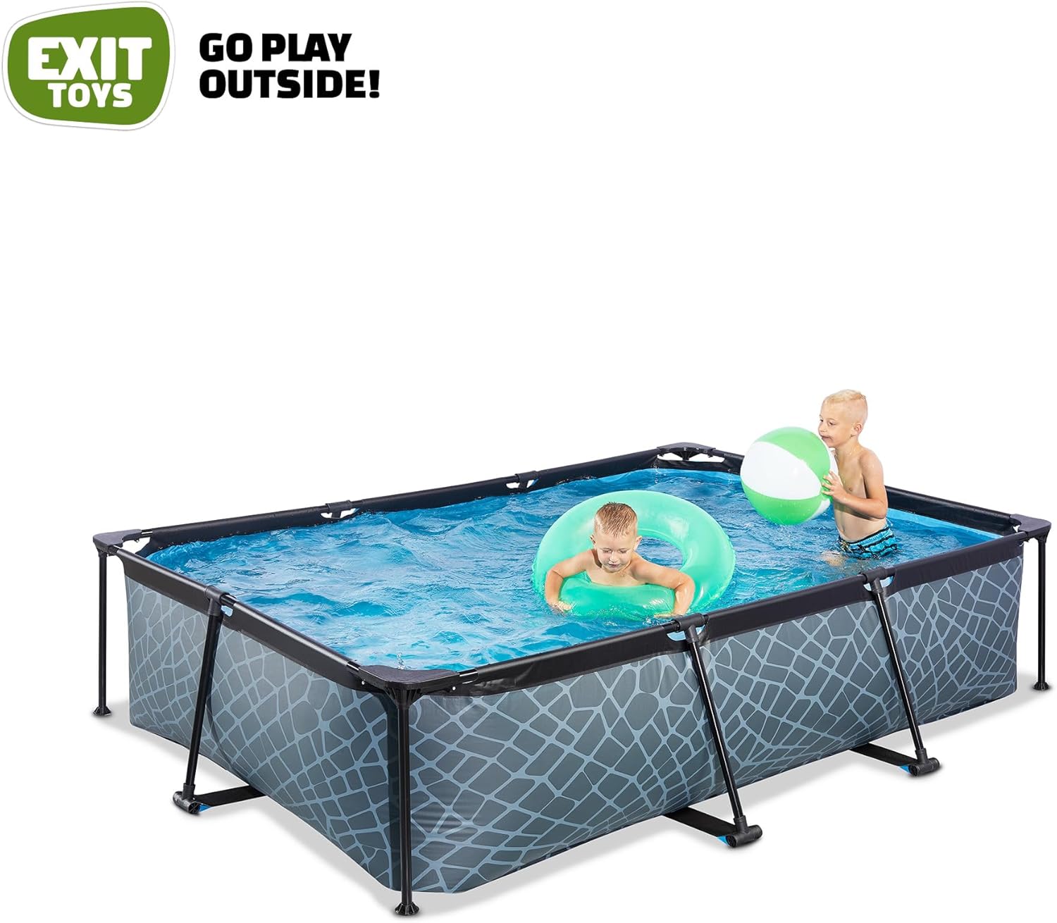 etezen Piscine Stone - 300x200x65cm - Piscine Hors Sol Rectangulaire avec Pompe Filtrante à Cartouche - Entrée Basse - Idéal pour Les Jeunes Enfants - Cadre Stable - Design Unique - Gris
