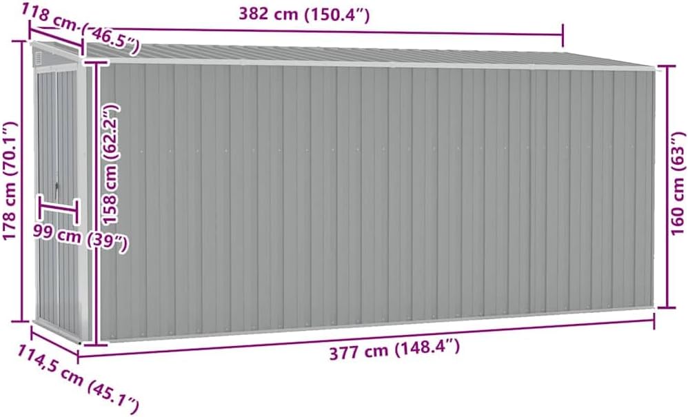etezen Abri de Jardin Mural Gris 118x382x178 cm Acier galvanisé,Structures extérieures, Cabanes & abris de Jardin,316230