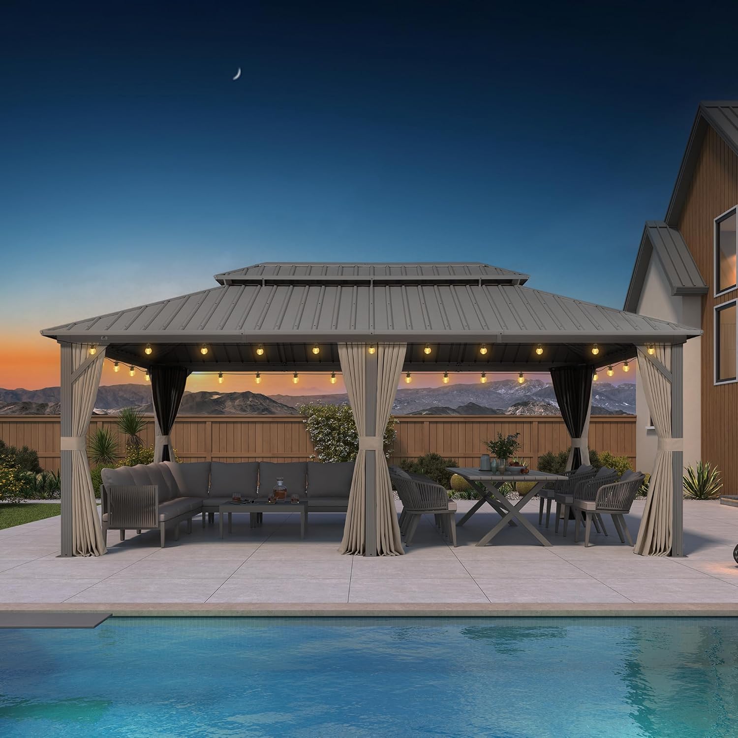 etezen Tonnelle de Jardin Extérieur 6 x 3,65 m avec Guirlande Lumineuse, Pergola Aluminium à Toit Rigide en Acier Galvanisé, Pavillon Imperméable pour Camping, Fête, Barbecue, Champagne